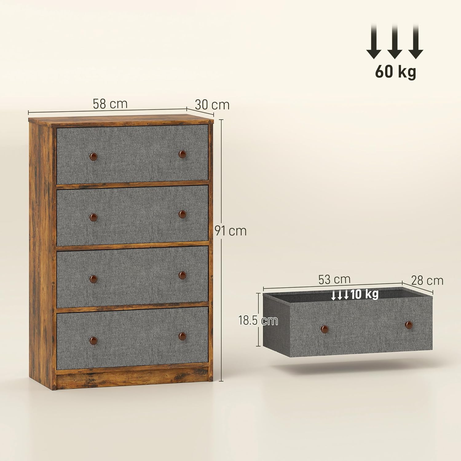 Thumbnail 6 de HOMCOM 4-Drawer Fabric Chest of Drawers with Steel Frame (Grey & Rustic Brown)