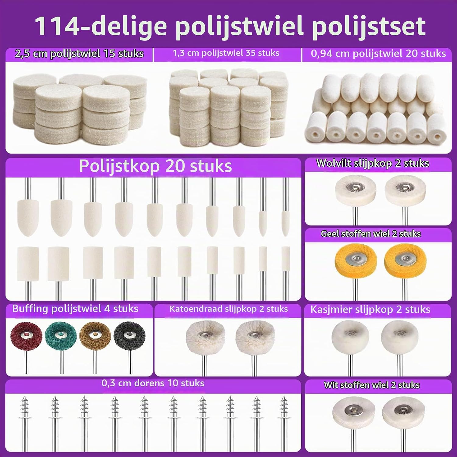 Thumbnail 3 de YURINWOO Buffing Wheels-114PCS polijstset met wolvilt, 3 mm schacht en polijstpasta