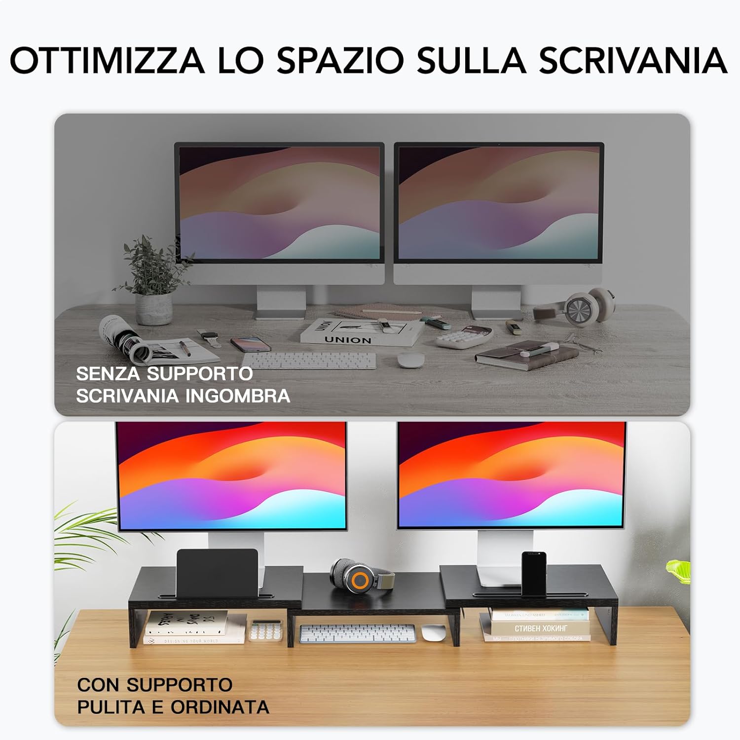 Detalle de HUANUO Supporto Monitor Scrivania Doppio – Rialzo regolabile per 2 monitor, con scomparti multipli