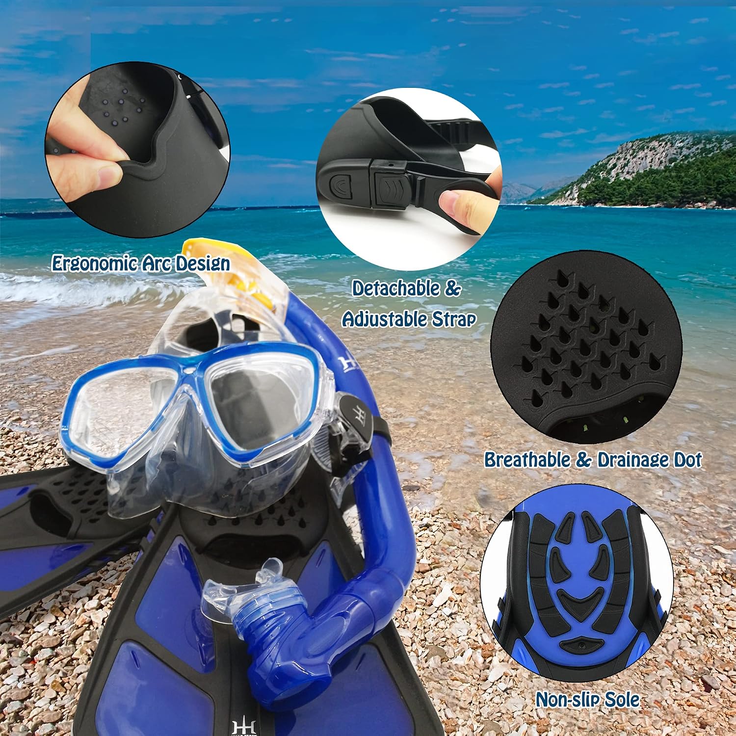 Detalle de HH HHAO SPORT Schnorchelset Kinder mit Flossen – Panoramablick, Dry Top Schnorchel und verstellbare Flossen
