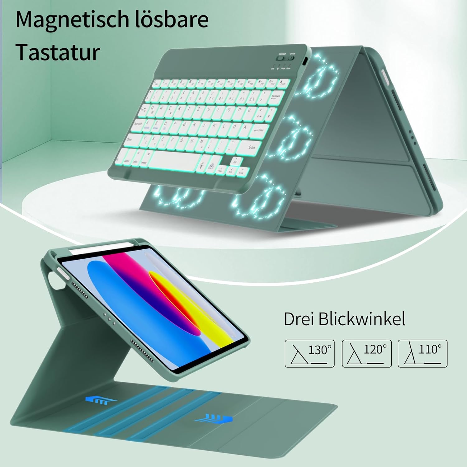Thumbnail 2 de ZOYU Hülle mit Tastatur für iPad A16 11/10 Generation – Abnehmbare Tastatur, 7-farbige Beleuchtung, Nachtgrün