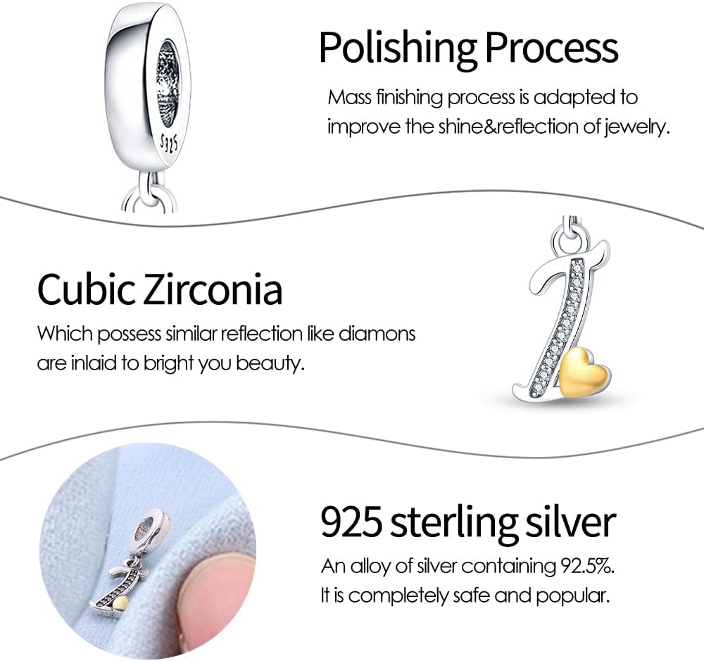 Detalle de TINSLO Bead Charm Argento Sterling 925 Lettere con Zirconia Cubic – Compatibile con Pandora e braccialetti europei