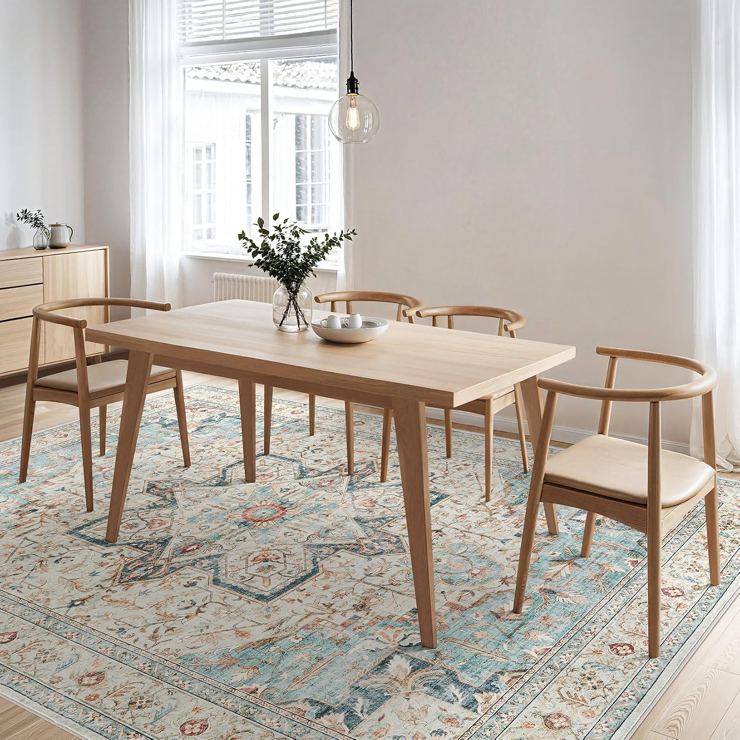 Thumbnail 6 de Tortania Area Rug Living Room Rugs 10x14 Washable Boho Rug (Cream Blue)
