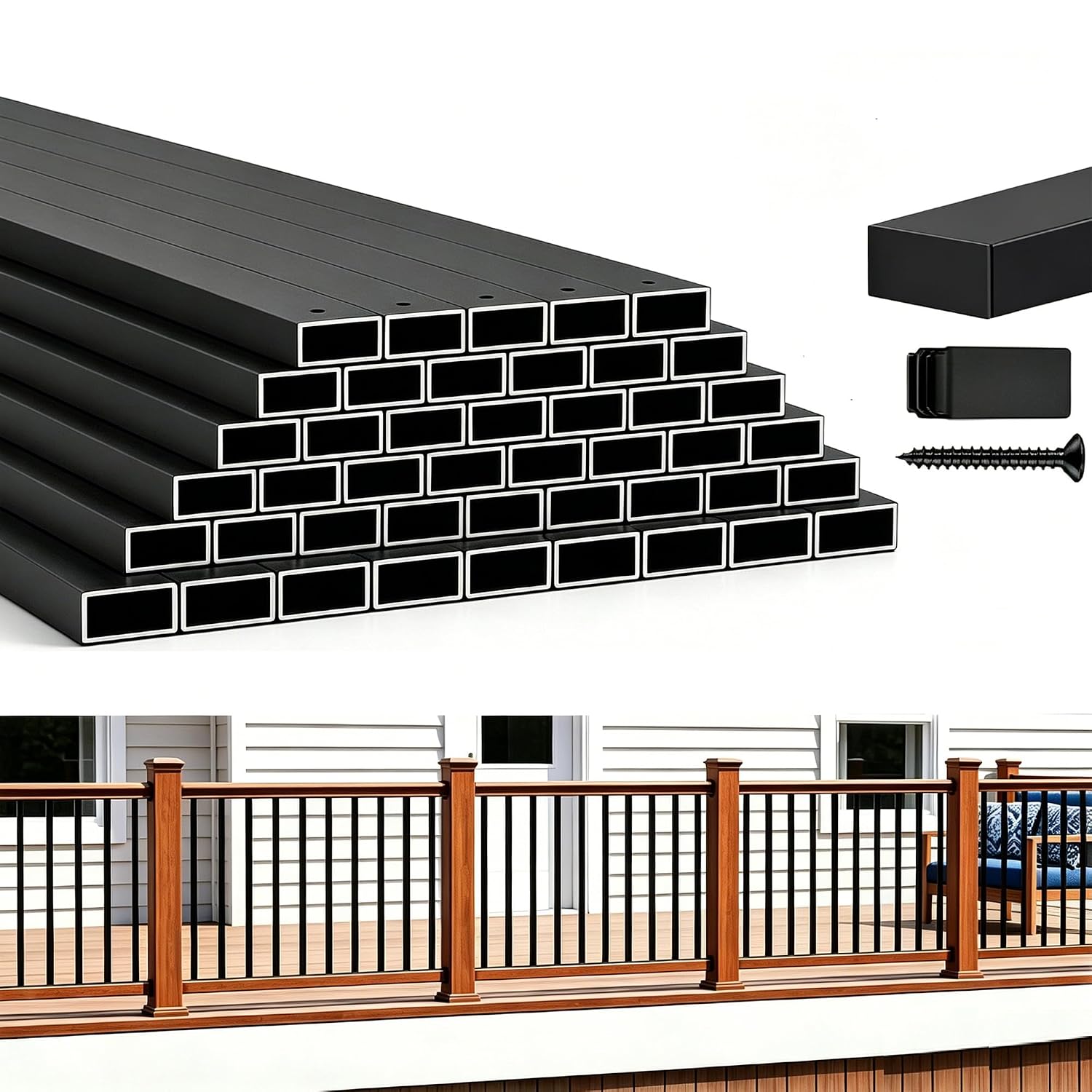 Detalle de HZIU 101-Pack 29.5-Inch Rectangular Stainless Steel Deck Balusters, Black