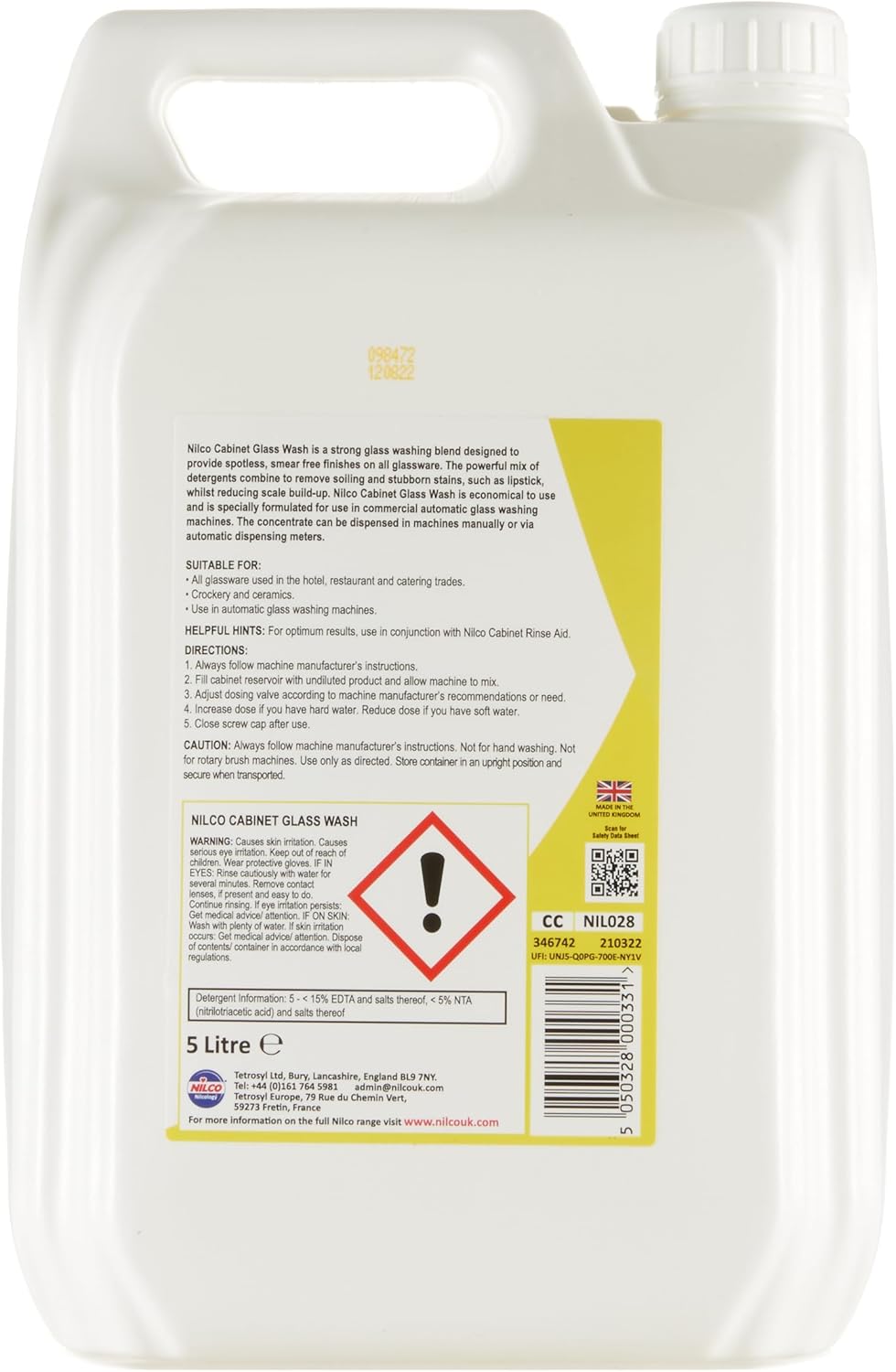 Thumbnail 1 de Nilco Nettoyant concentré alcalin pour lave-verres, finition sans traces – 5L