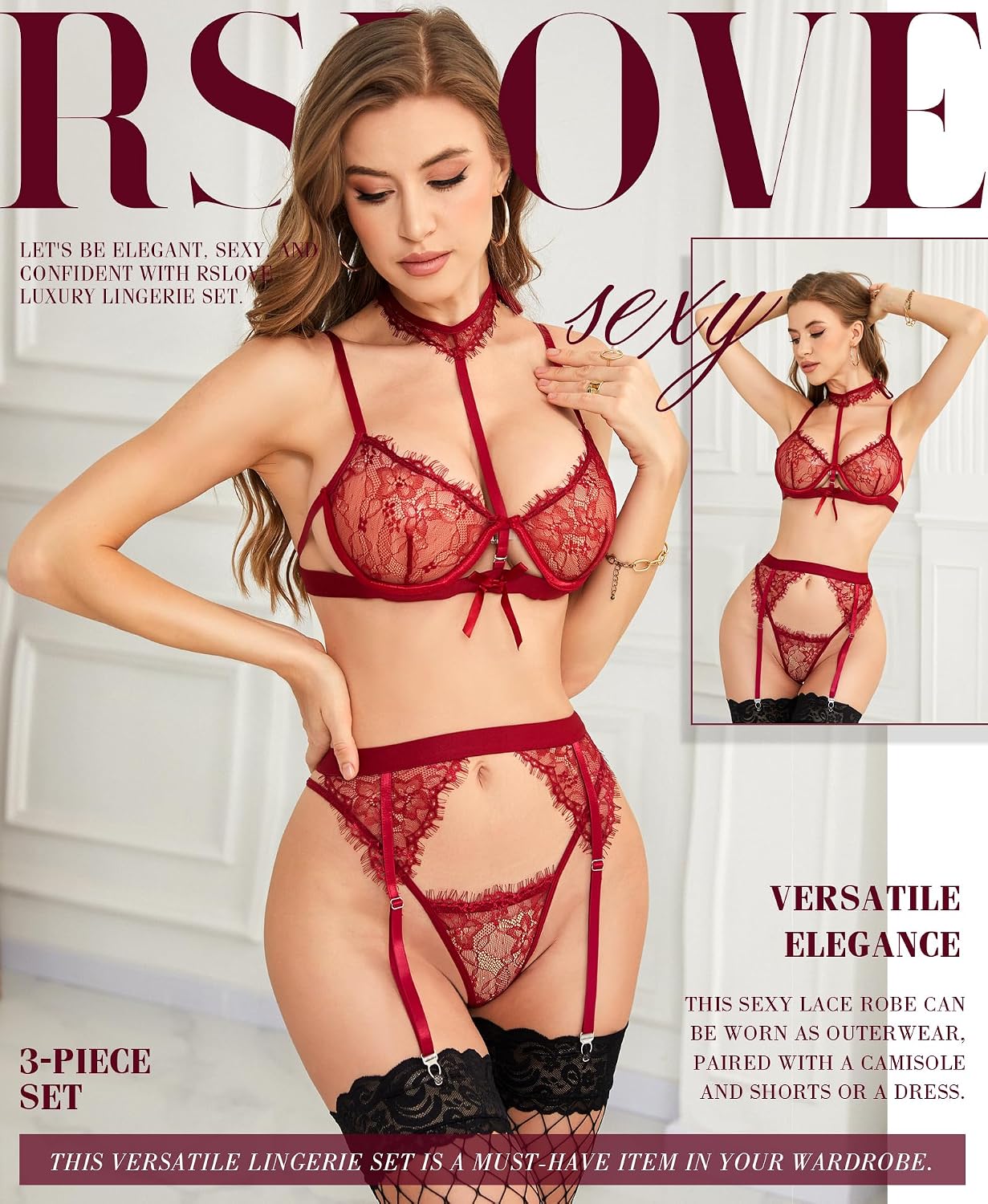 Detalle 2 de RSLOVE 4-częściowy koronkowy zestaw bielizny damskiej z chokerem i paskiem