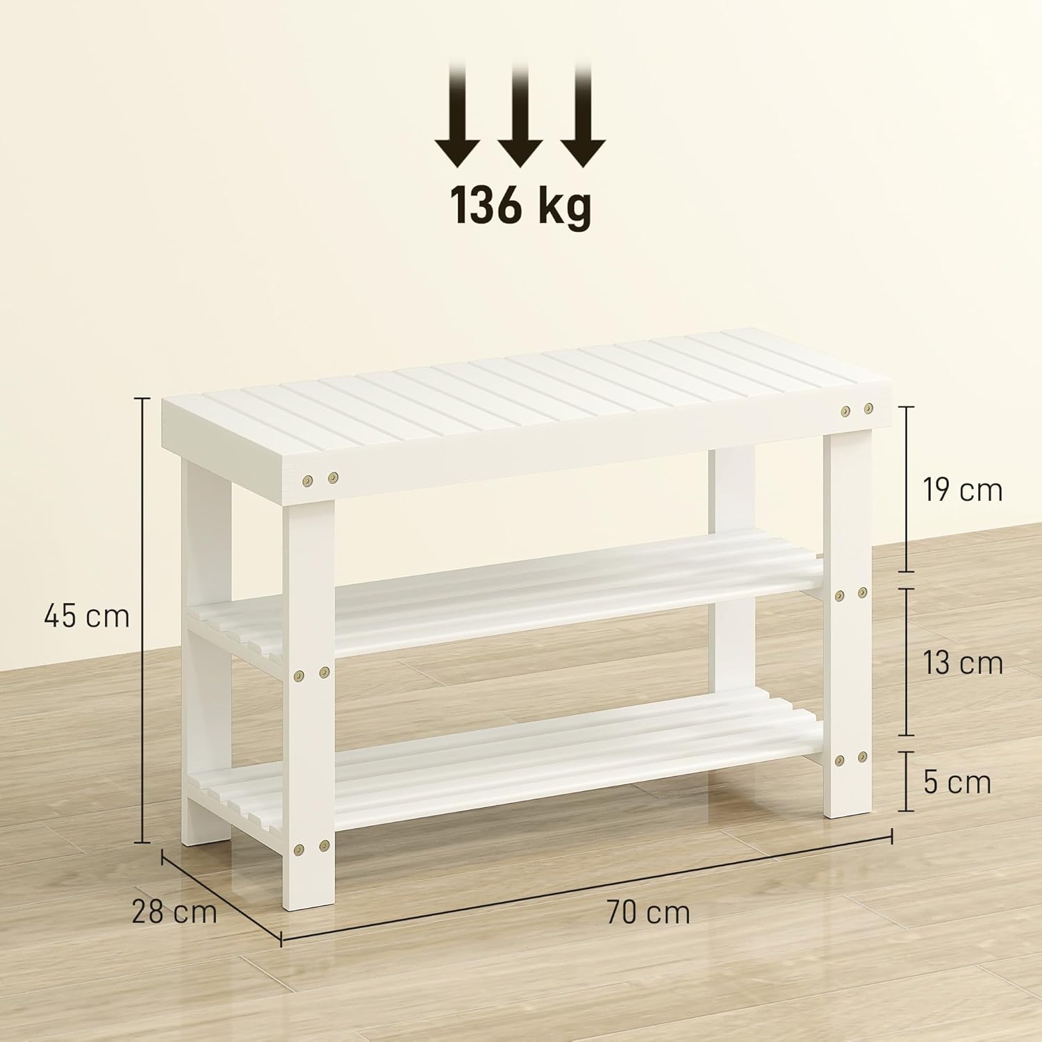 Thumbnail 2 de Banc à chaussures HOMCOM en bambou 3 niveaux — design scandinave, blanc, 70 × 28 × 45 cm