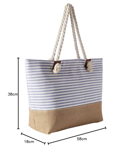 Thumbnail 6 de DonDon Bolso de playa grande Rayas azul claro: espacioso, resistente y con bolsillo interior