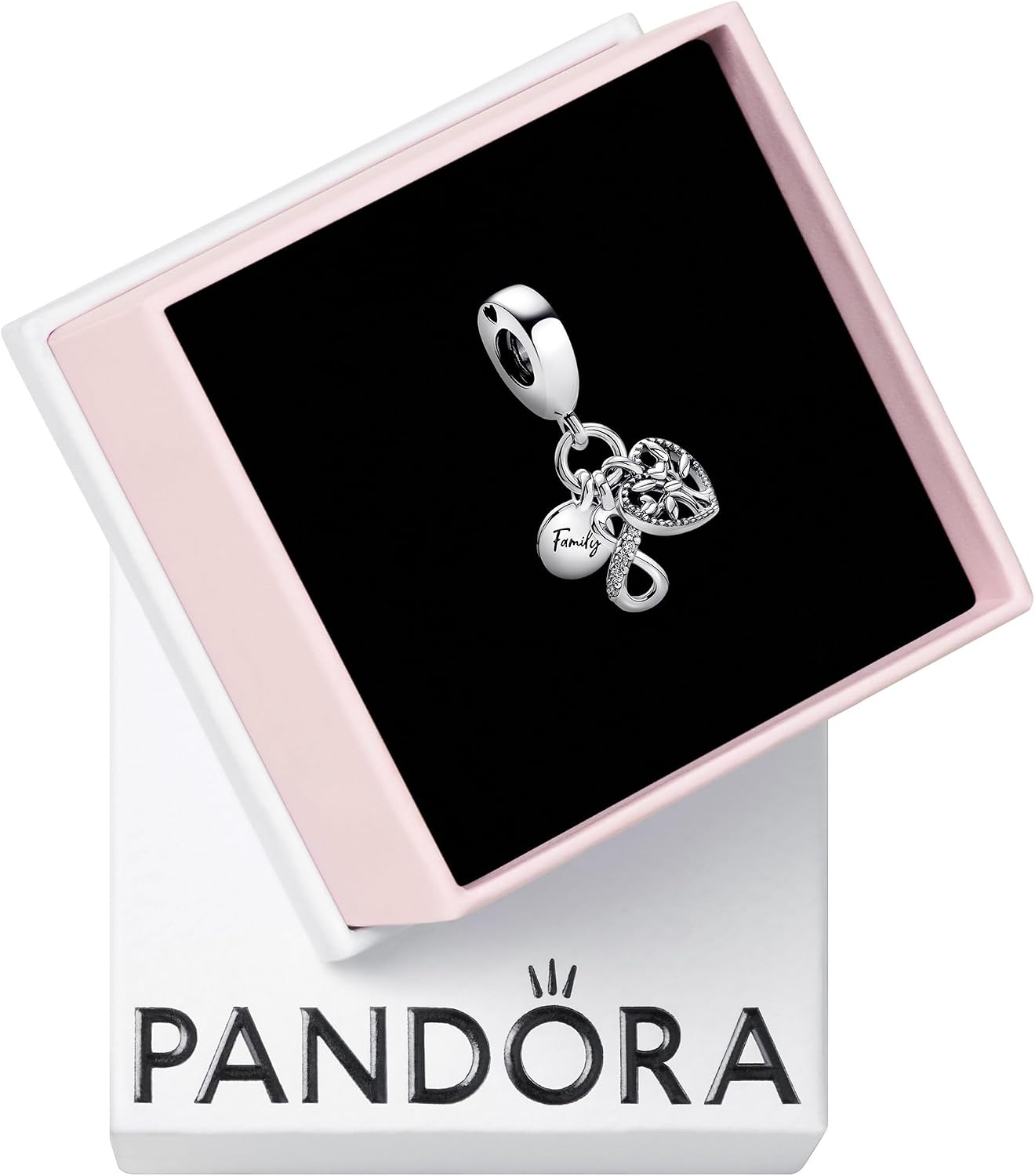 Detalle de PANDORA Family Infinity Triple Charm-Anhänger aus Sterling Silber mit Zirkonia – kompatibel mit Moments Armbändern
