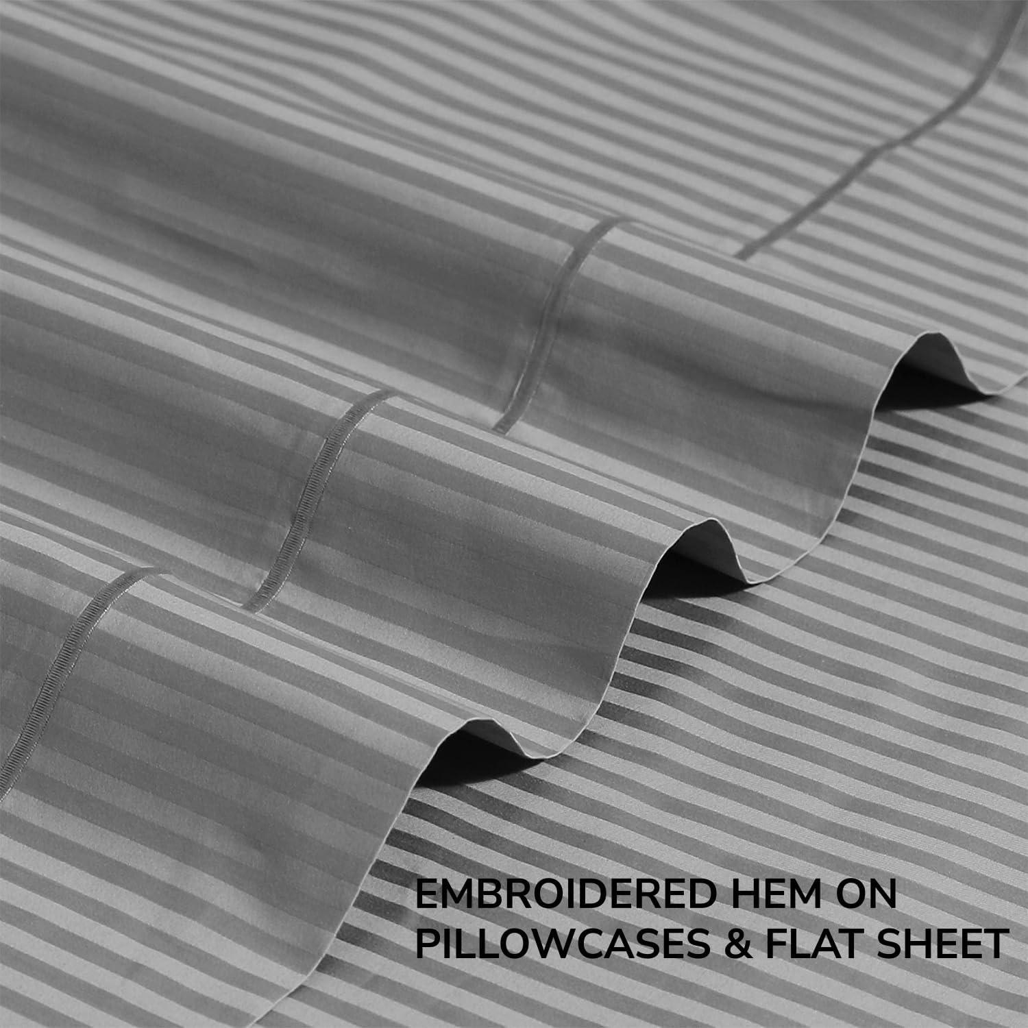 Thumbnail 5 de Feather & Stitch 500 TC King Size Damask Bed Sheet Set (Grey Stripe) — 100% Cotton Sateen, 18" Deep Pockets