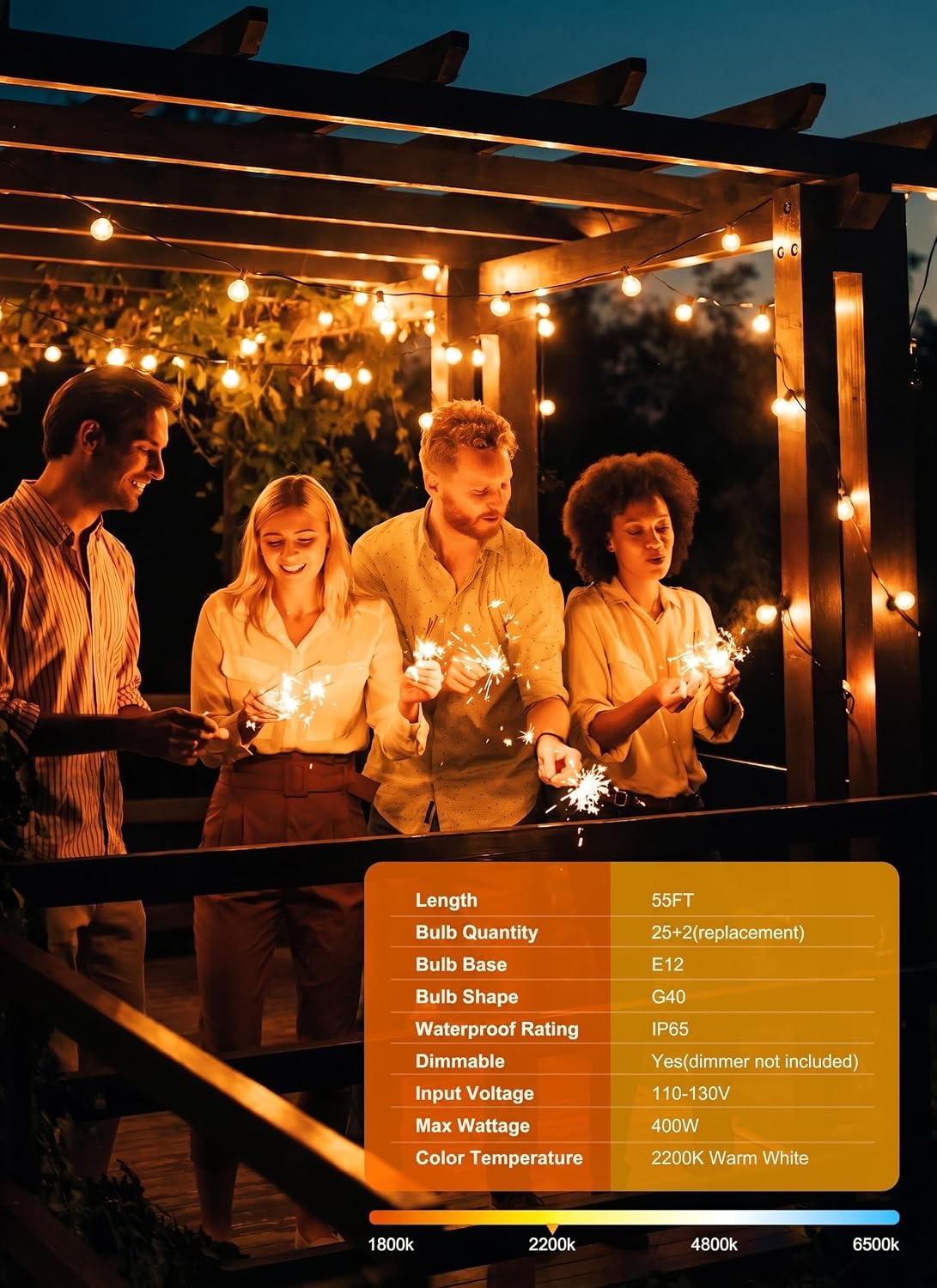 Detalle de Brightown Outdoor String Lights: 50 ft of Shatterproof G40 LED Bulbs, IP65 Waterproof & Connectable
