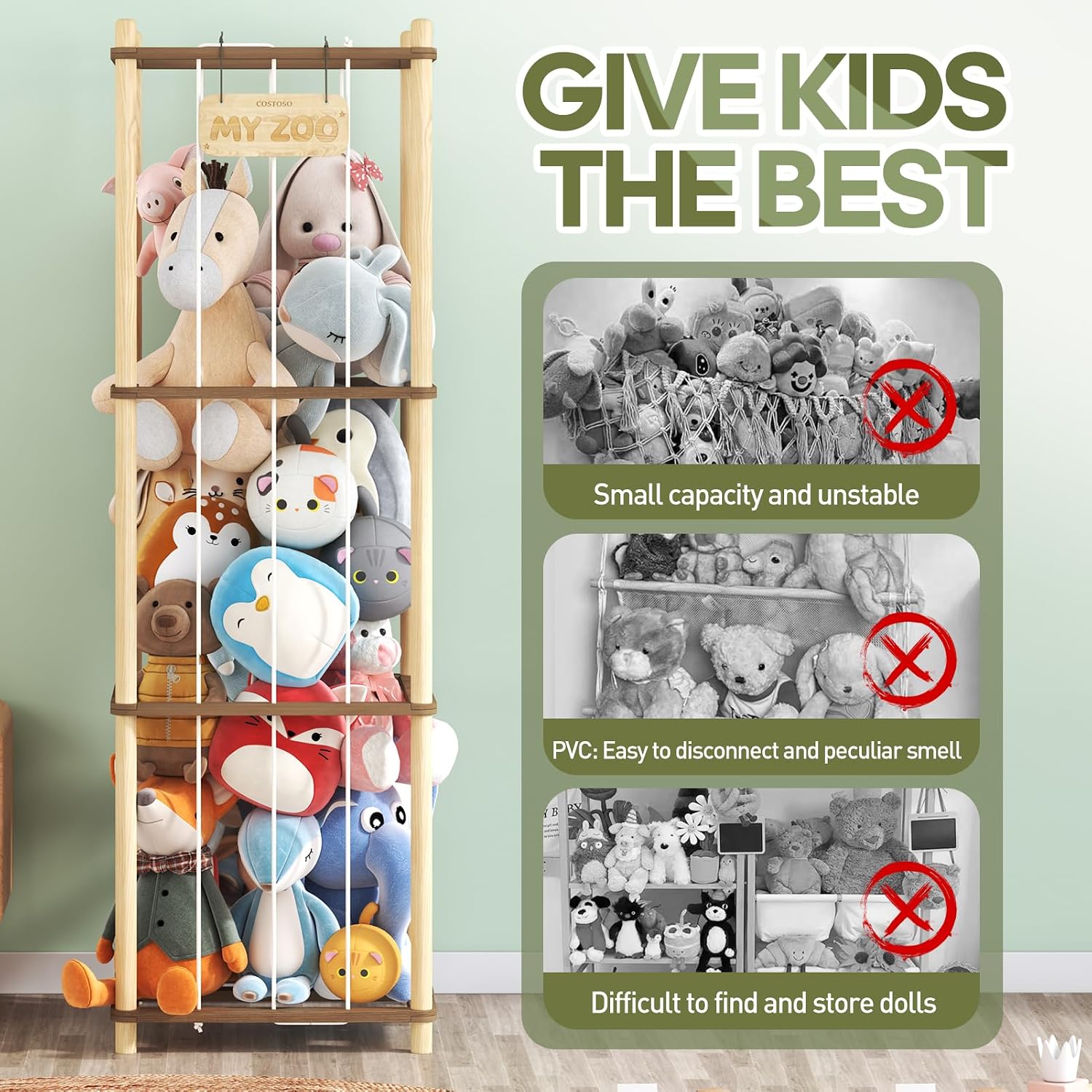Detalle 1 de FunreemaG SSF3 Stuffed Animal Organizer, Two-Tone Pine Wood, Open Design