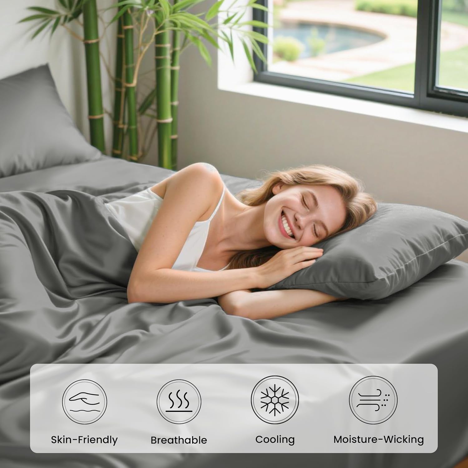 Detalle de Love's cabin 4 Piece Queen Sheet Set - 100% Rayon Derived from Bamboo, Cooling & Breathable, Deep Pocket Up to 16", Grey
