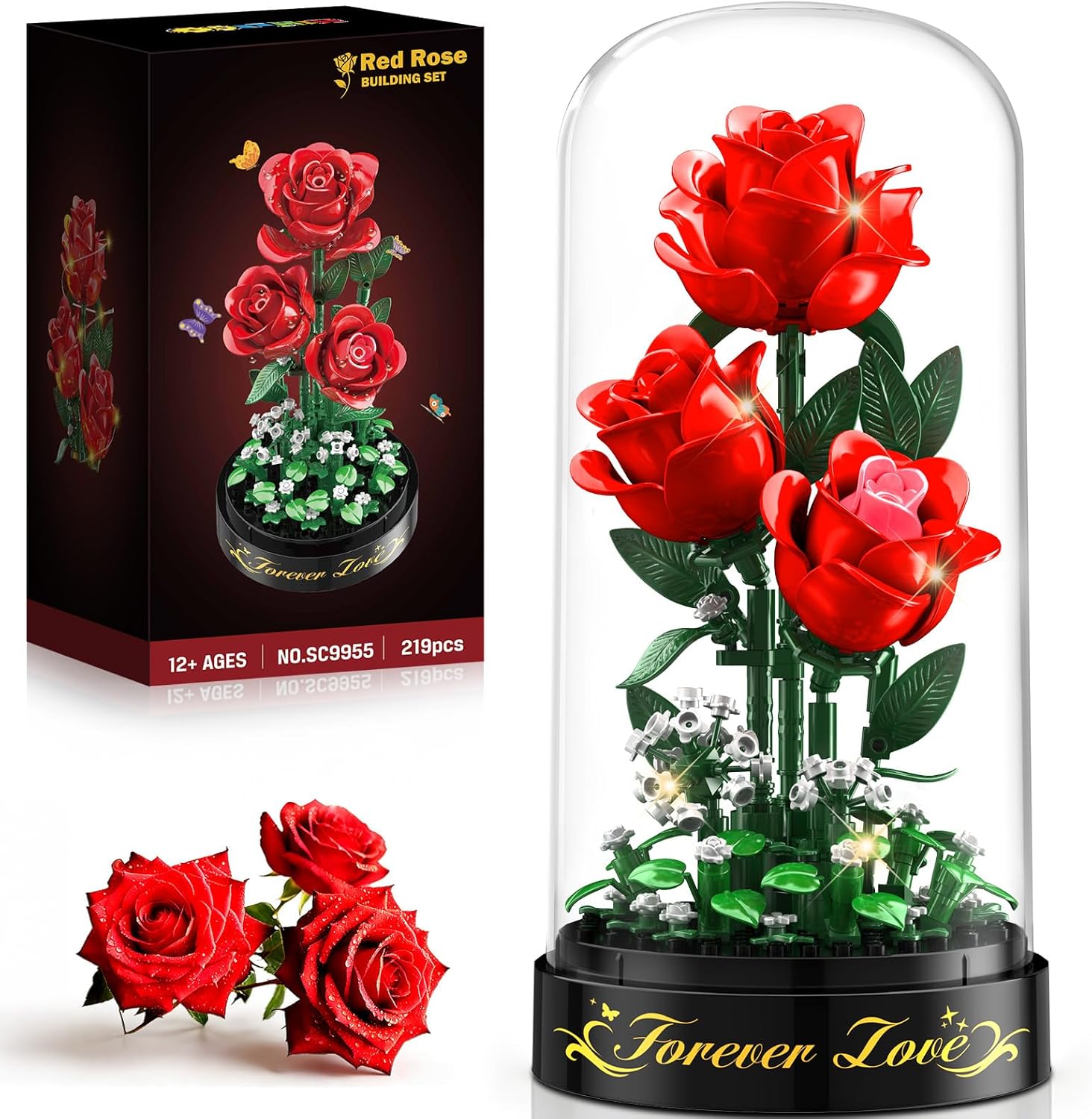 Detalle de HiWEEGO Flower Bouquet Building Set with LED Light – 3.6mm Red Rose Mini Build (219pcs) with Dust Cover