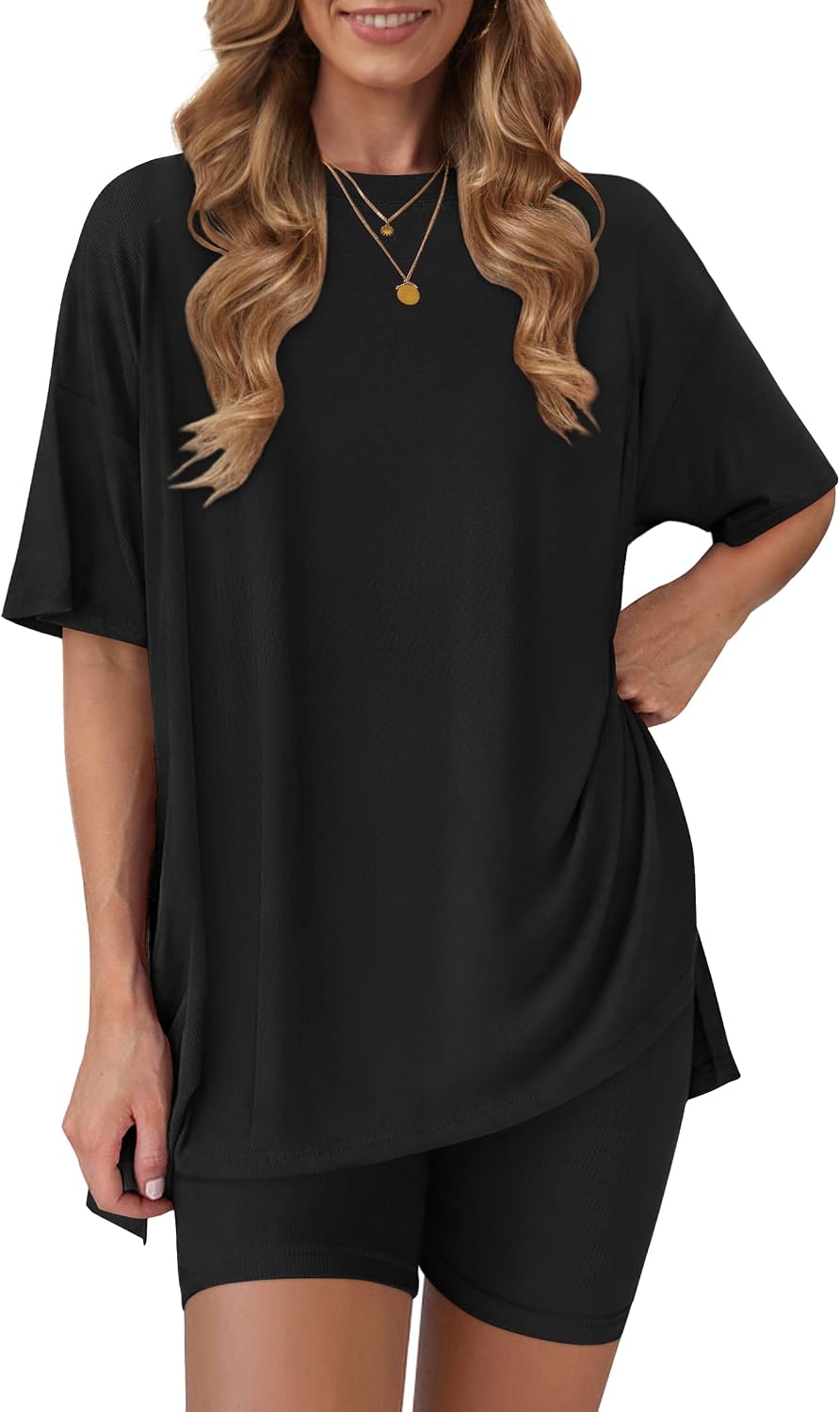 Detalle de RUBZOOF Women's 2-Piece Lounge Sets (Oversized Shirt & Biker Shorts) for Summer Travel