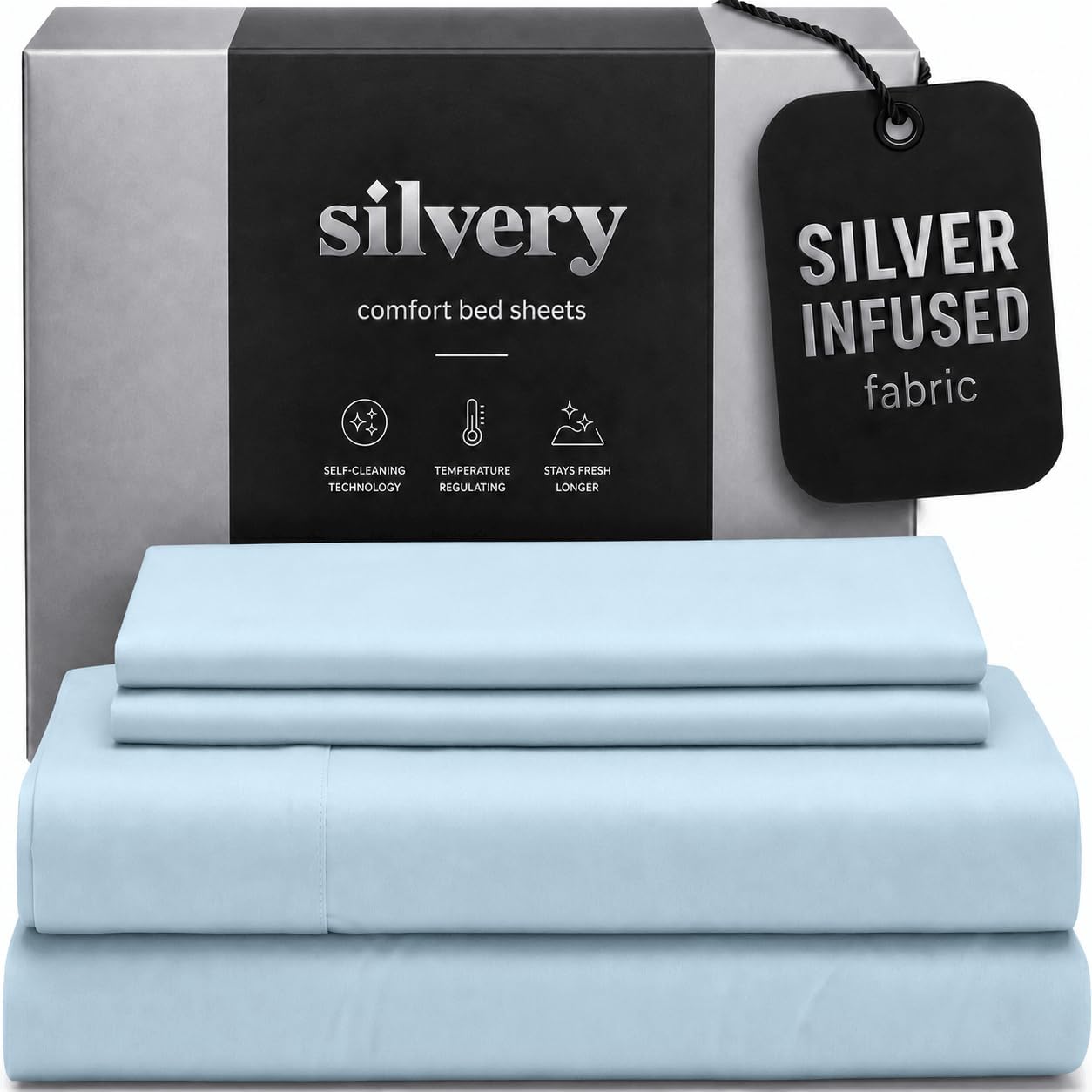 Detalle de Silvery Silver Infused Bed Sheets Set — Ultra-Soft, Temperature-Regulating with Self-C Cleaning Technology