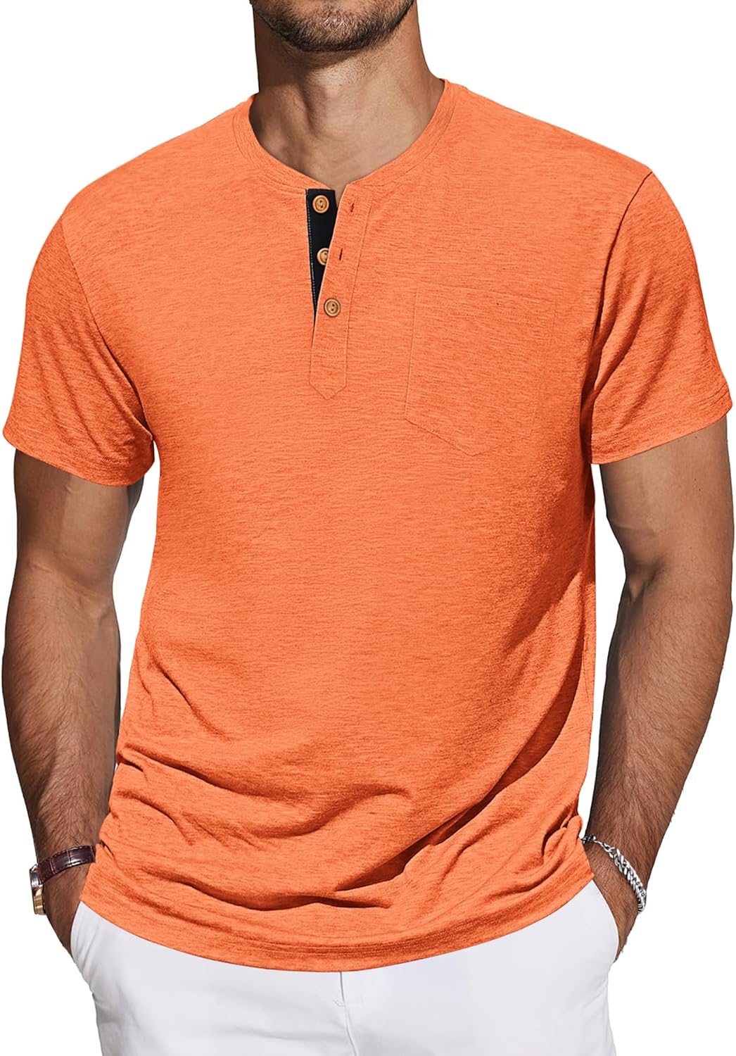 Detalle de TARAINYA Henley T-Shirt Homme coton à poche – Manches courtes, Regular Fit
