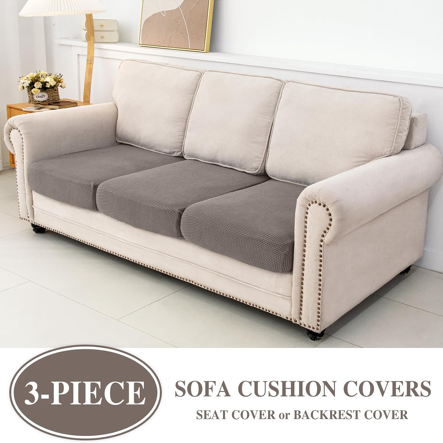 Detalle de LA MEACK 3-Piece Stretch Sofa Cushion Covers, Taupe Polyester-Spandex