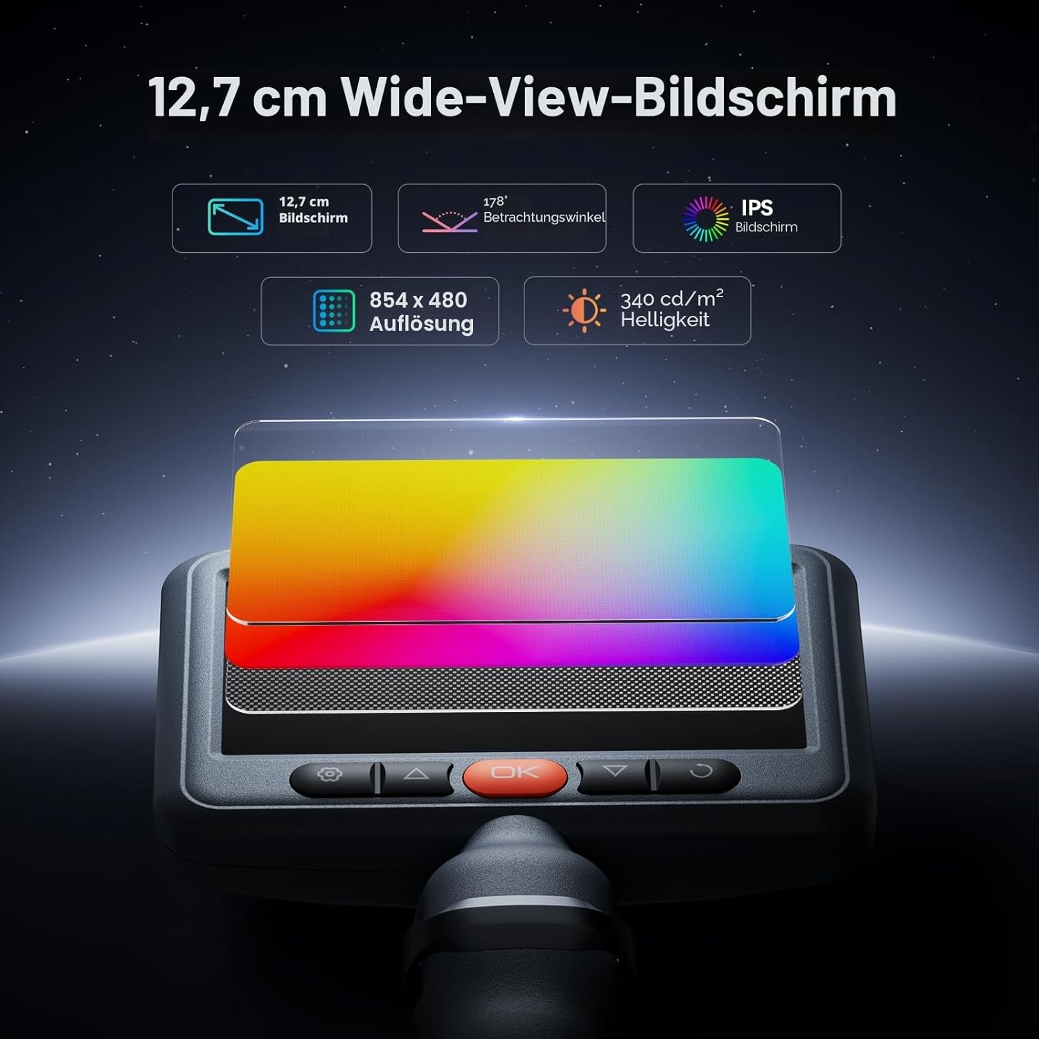 Detalle de DEPSTECH 210° drehbare Endoskopkamera mit Licht, 5-Zoll-IPS und 1080P – 6,2-mm-Rohrkamera