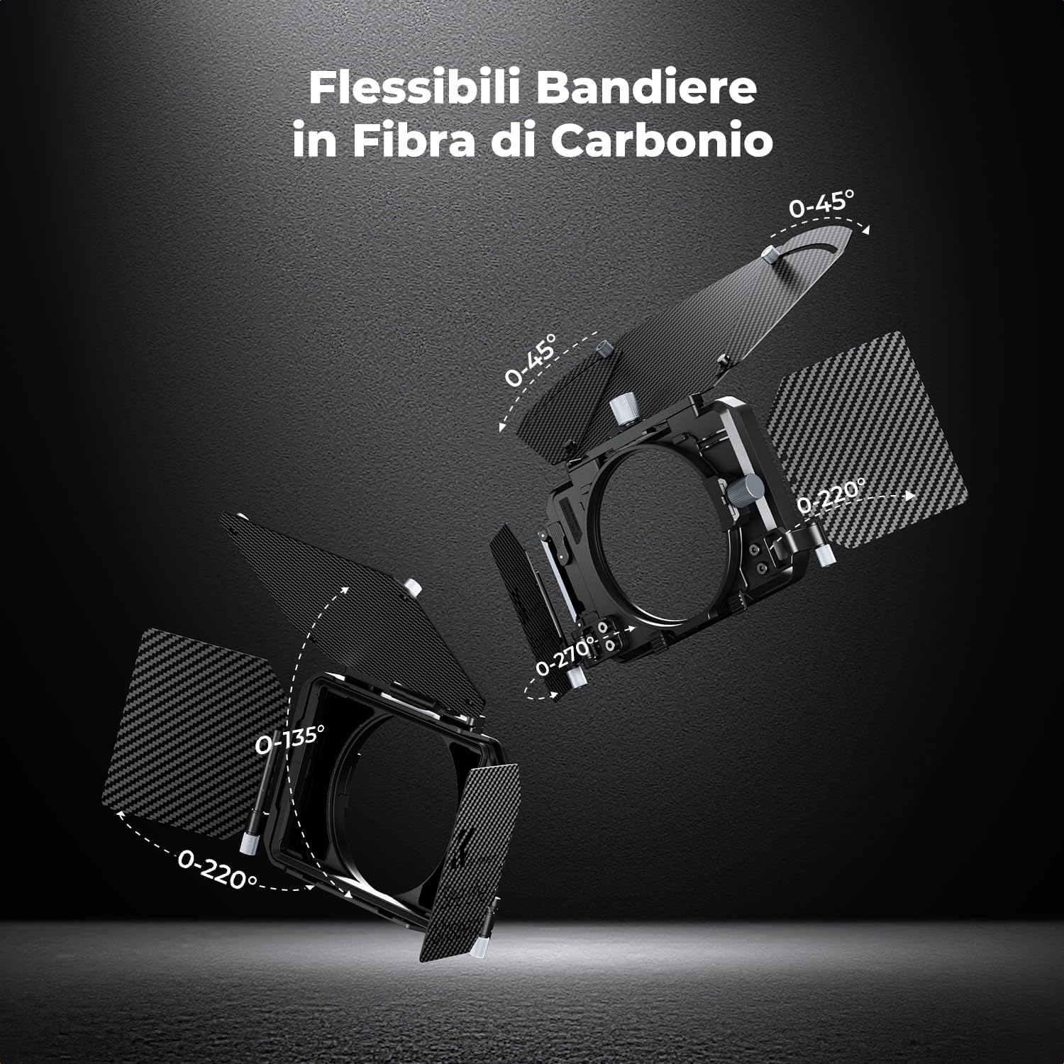 Detalle de K&F CONCEPT Mini Matte Box con 2 Portafiltri 4”x5,65” e Alette in fibra di carbonio per DSLR/Mirrorless – 5 anelli adattatori inclusi