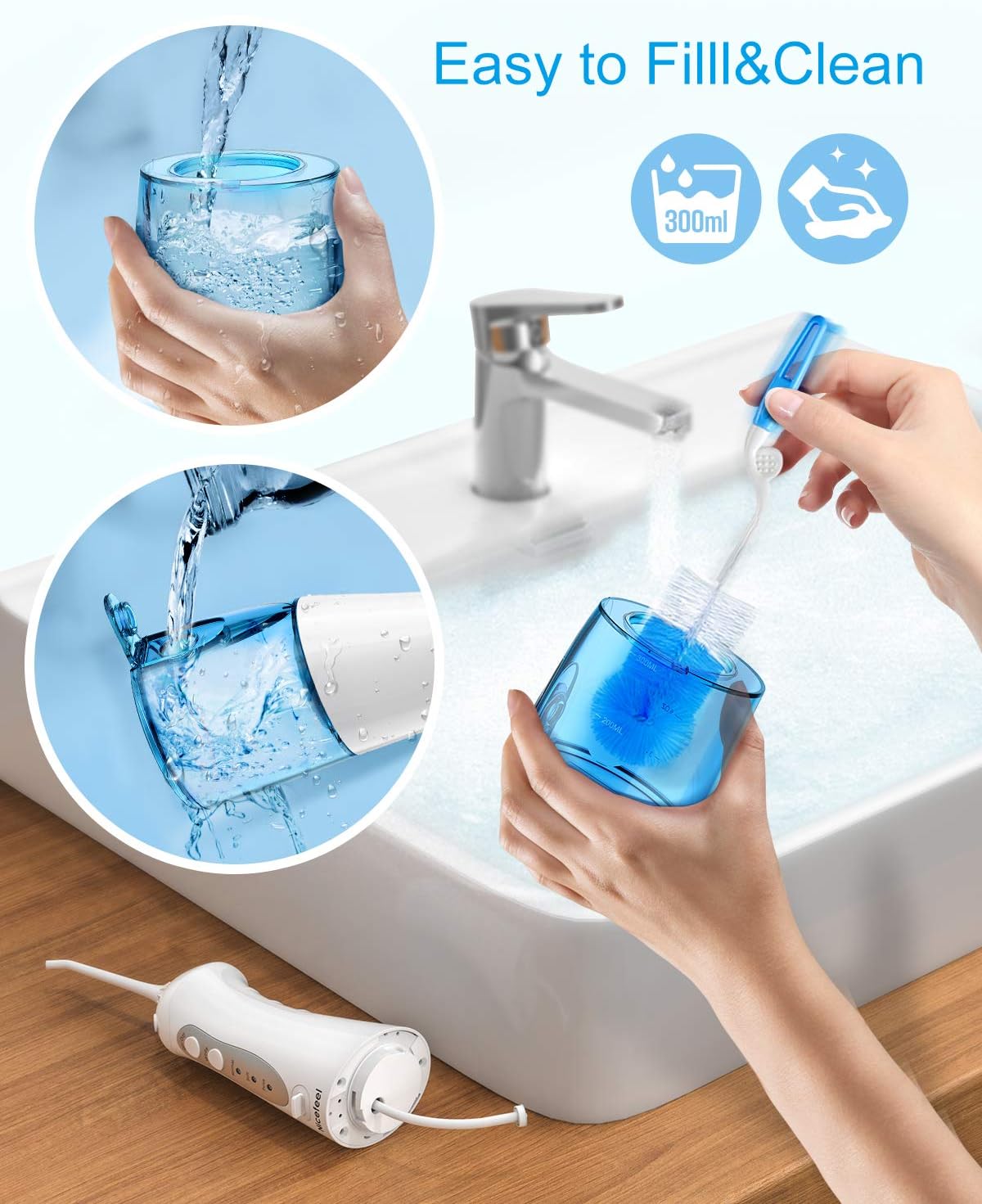Detalle de Nicefeel Cordless Water Flosser (300ml) with 4 Jet Tips, 3 Modes, USB Rechargeable, IPX7 Waterproof