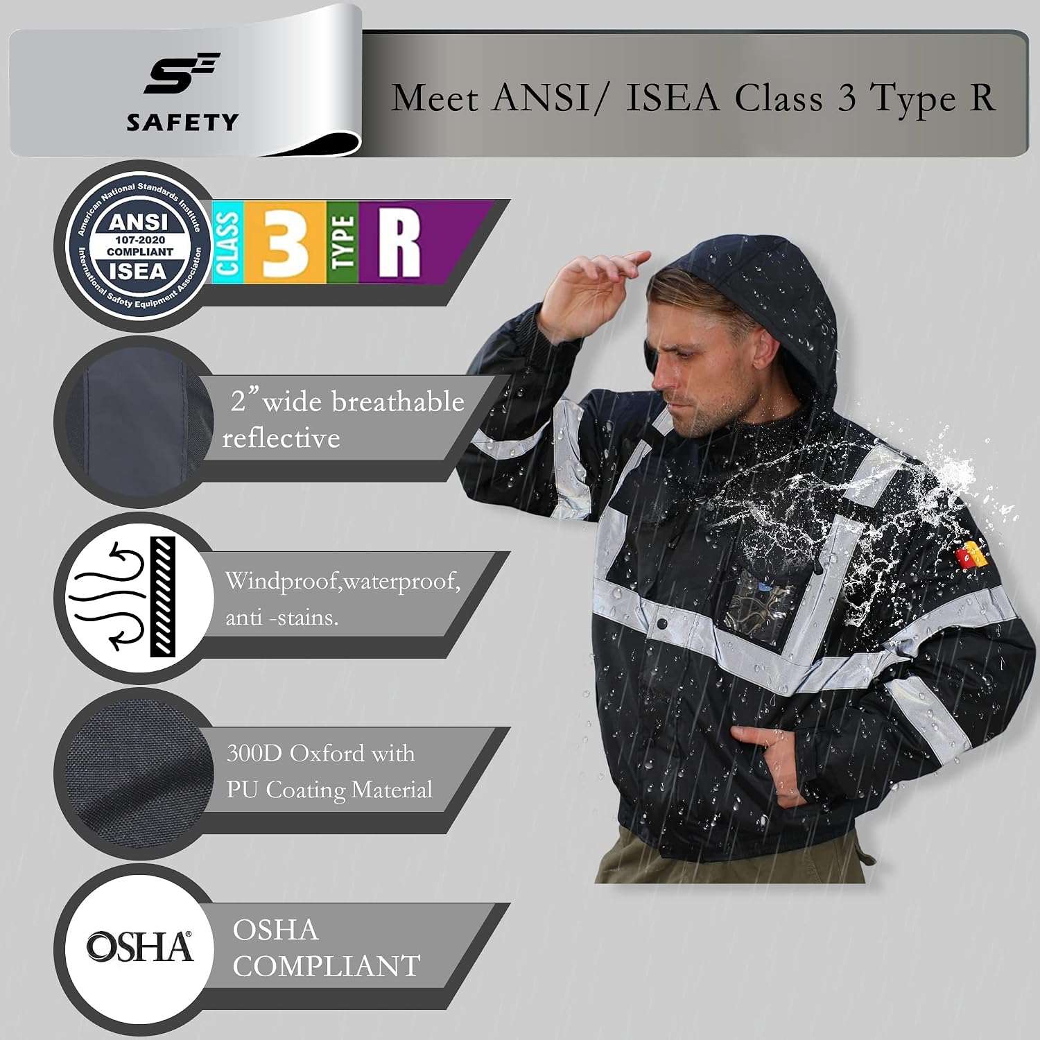 Detalle de sesafety High-Visibility Class 3 Waterproof Bomber Jacket with Reflective Strips