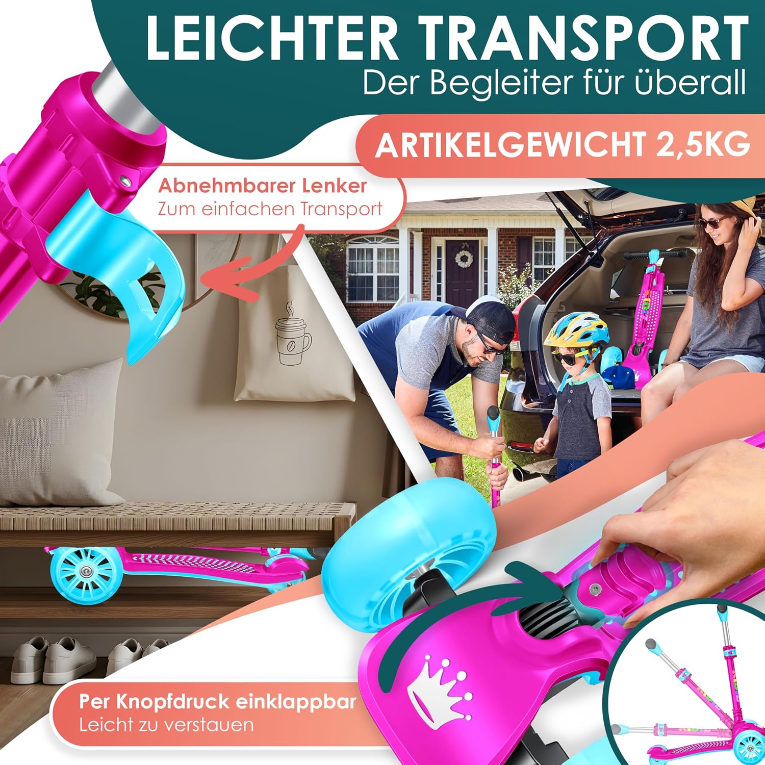 Thumbnail 6 de KIDIZ Roller Kinder Scooter X-Pro2 – 3-Rad Cityroller mit klappbarem Lenker, LED-Rädern und höhenverstellbarem Trittbrett