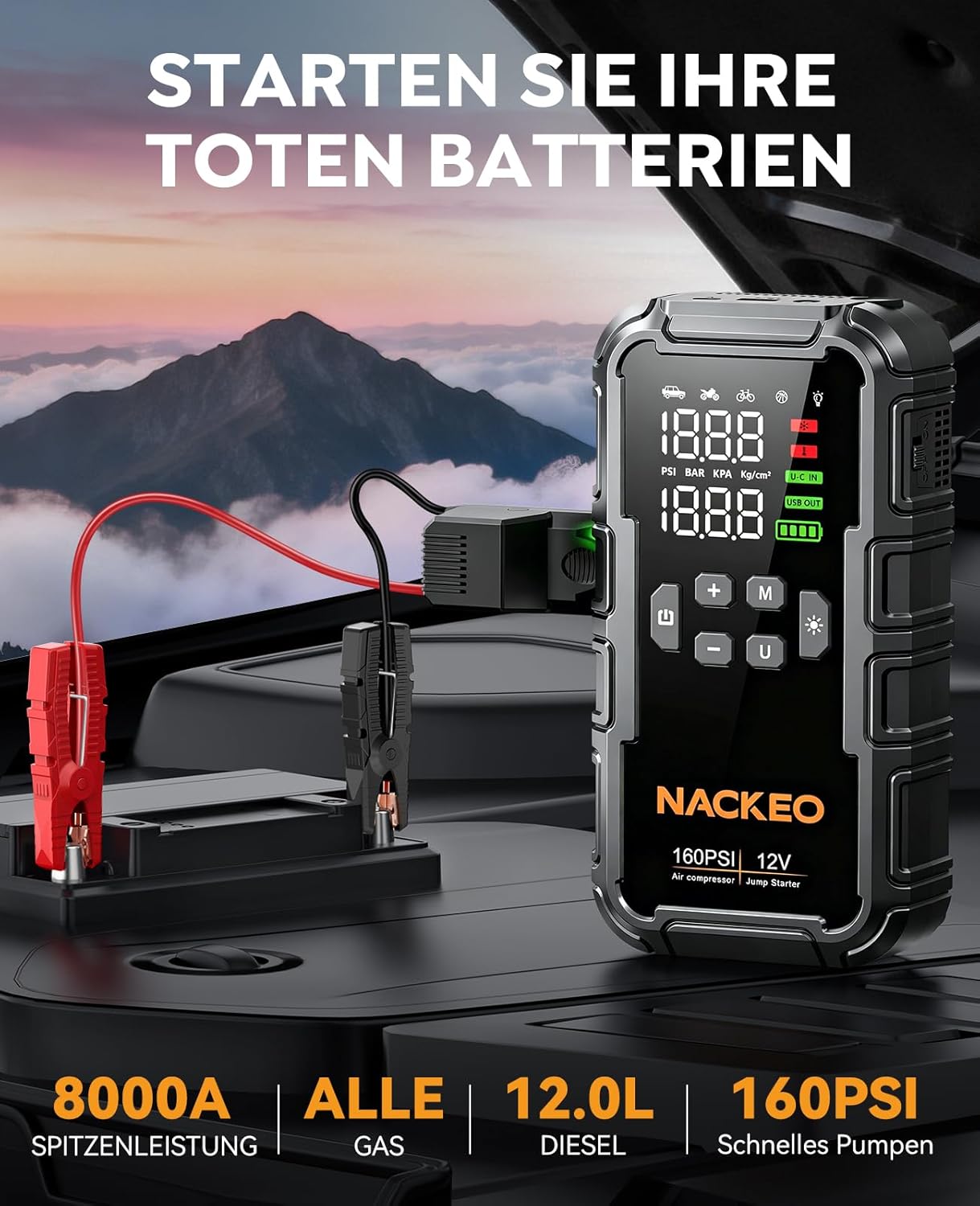 Detalle de 8000A Starthilfe Powerbank mit Kompressor – All-in-One Jump Starter inkl. 600 lm LED und 160 PSI Kompressor