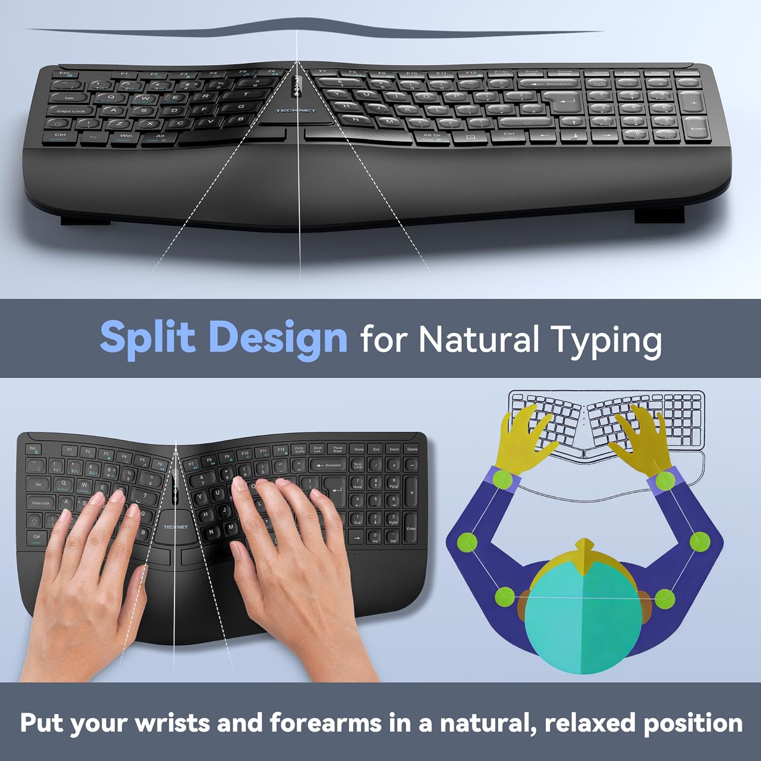 Thumbnail 2 de TECKNET Wireless Ergonomic Keyboard (2.4G USB & Bluetooth) with Wrist Rest