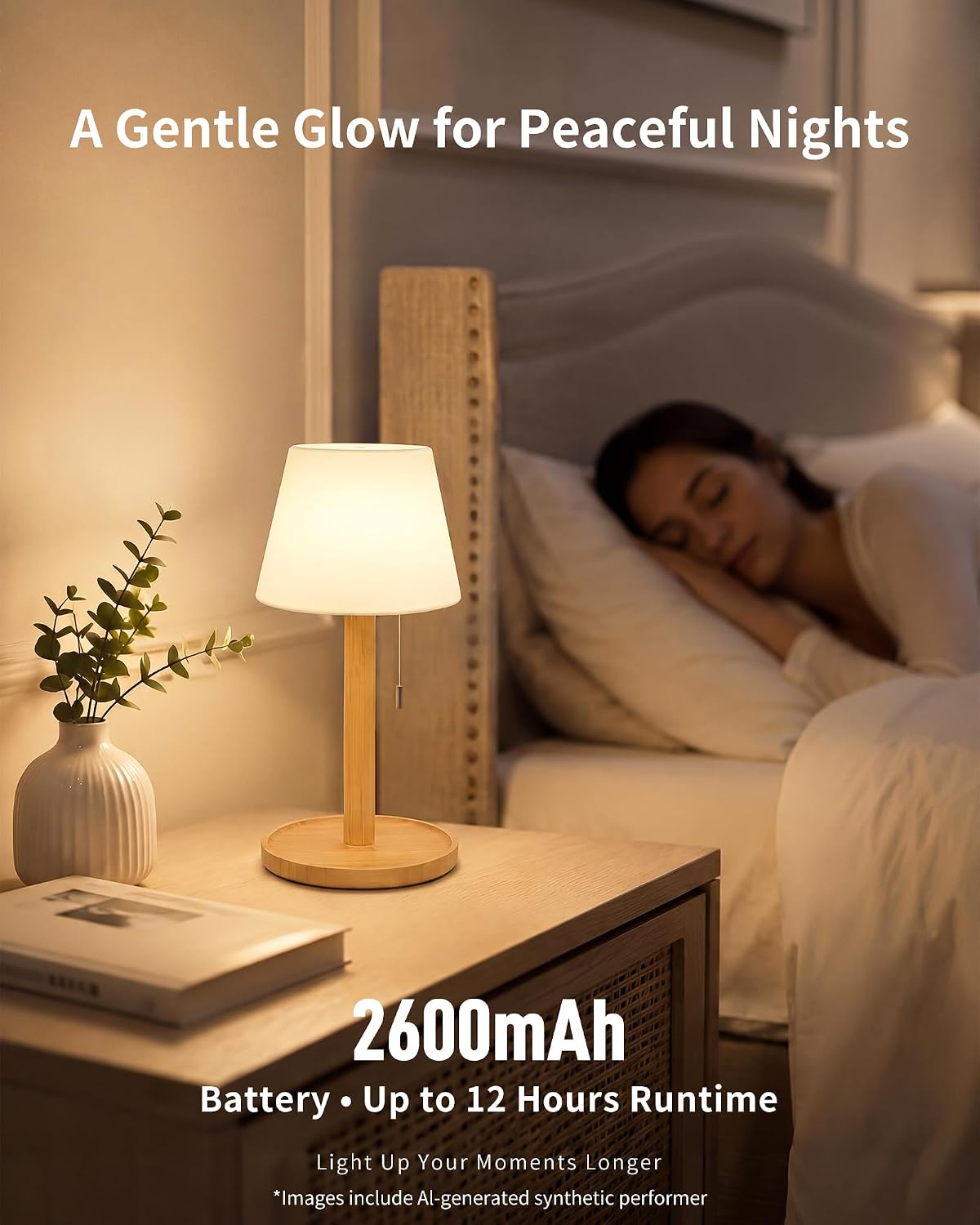 Thumbnail 2 de LuminexDesigns Rechargeable LED Table Lamp – Bamboo, Cordless with Pull-Chain, 3 Colour Temperatures (3000K-6000K)