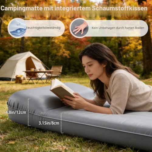 Detalle 2 de PlanetFlame Isomatte Selbstaufblasend mit integrierter Pumpe – 200 × 70 × 8 cm, 8 cm Schaumstoff, 10 cm Kopfkissen