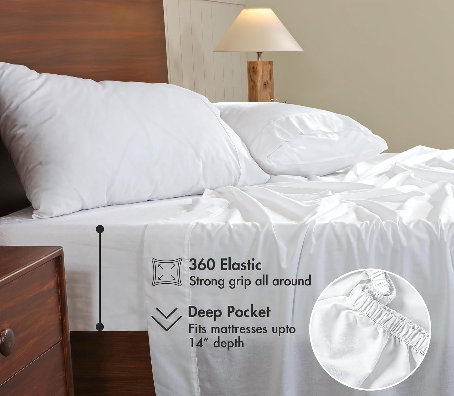 Detalle de RUVANTI 100% Cotton Percale Sheets – Queen, Bright White with Peach Finish