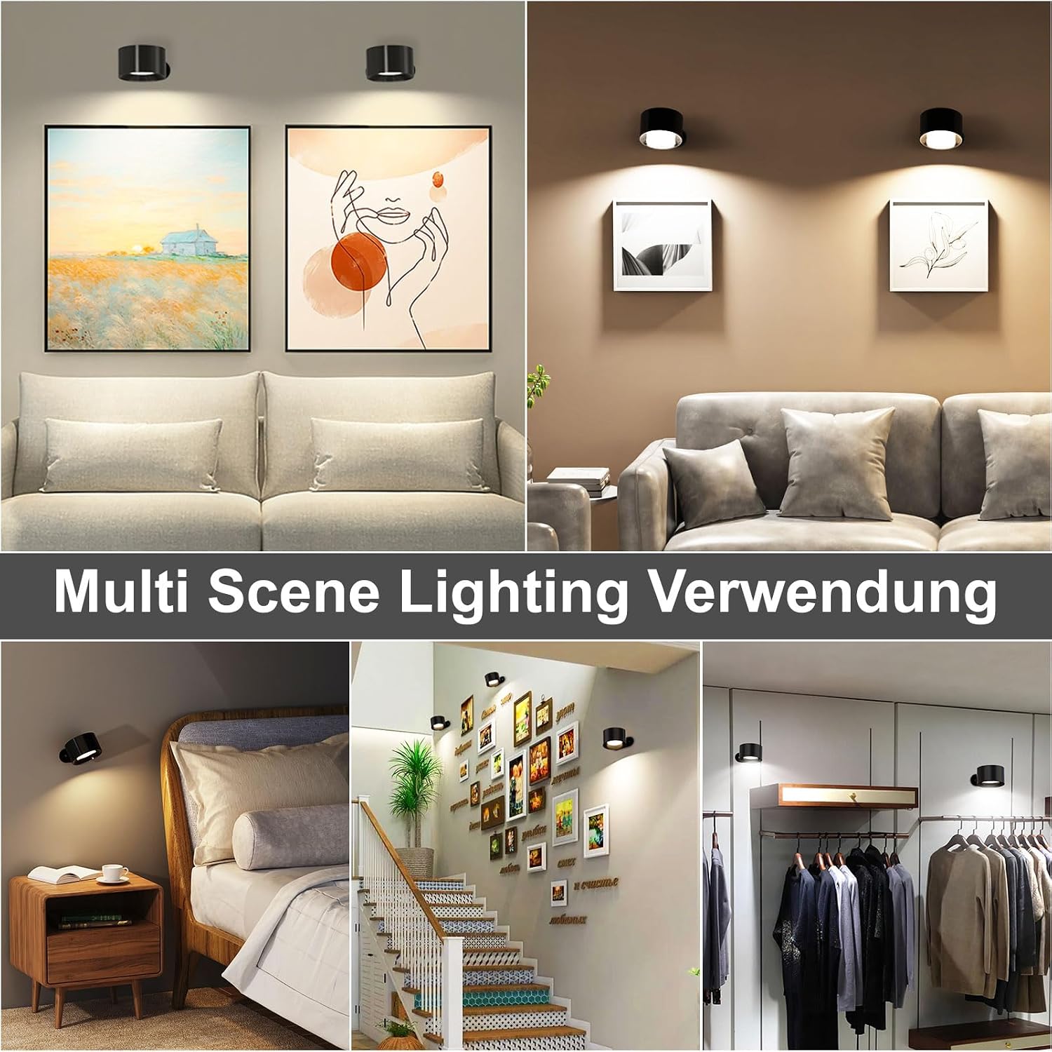 Detalle de Feallive LED Wandleuchte Innen mit Akku – kabellose Wandlampe mit Touch Control, 360° Drehung, 3 Helligkeitsstufen & 3 Farbmodi
