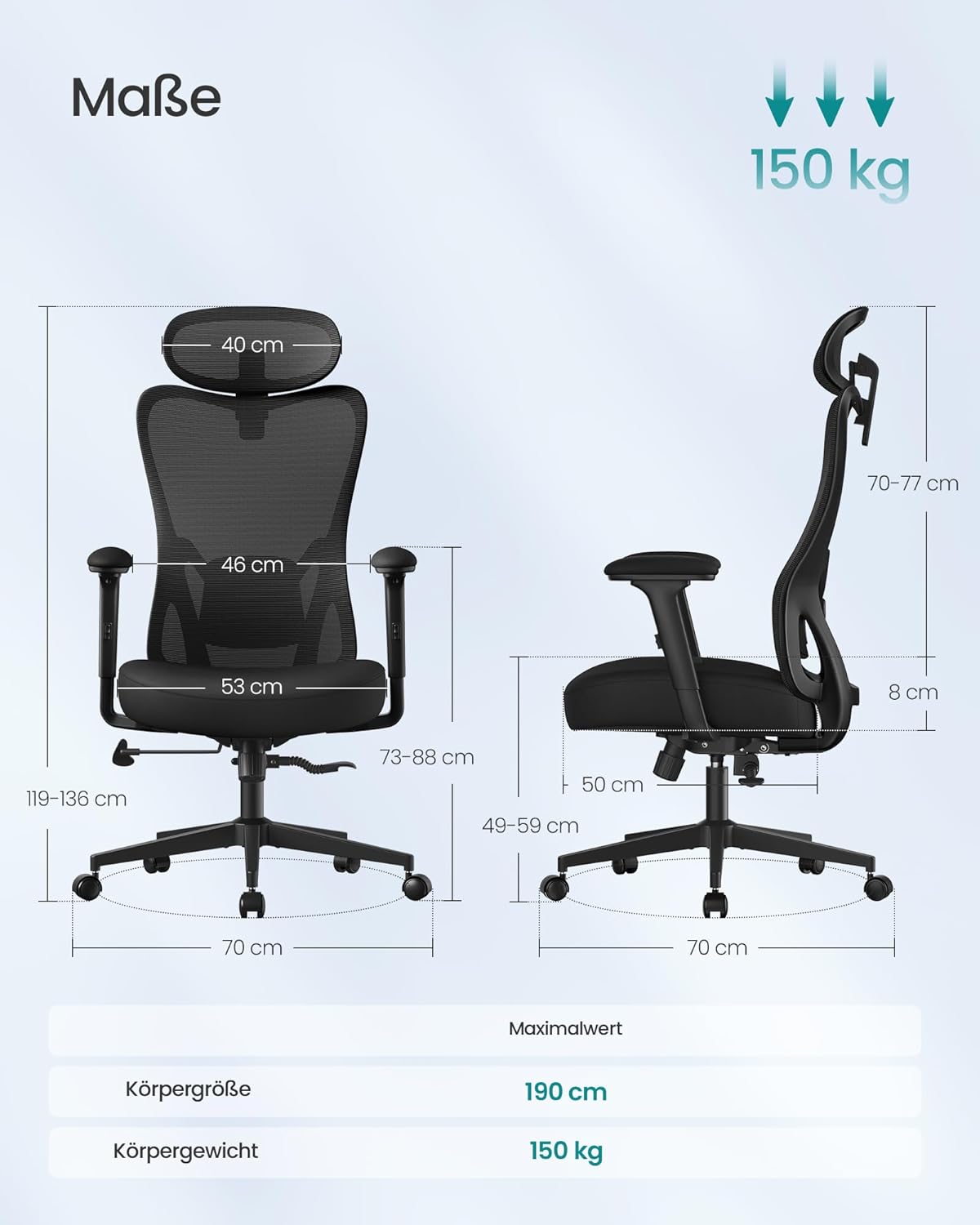 Detalle 2 de SONGMICS OBN066BH01 ergonomischer Bürostuhl mit Rücken- und Kopfstütze