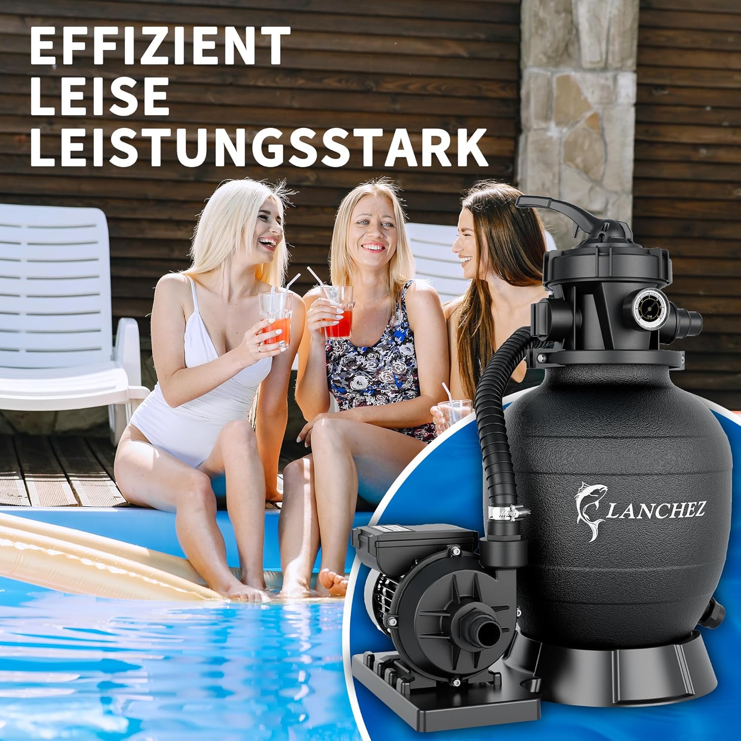 Detalle 2 de LANCHEZ Sandfilteranlage 11.500 L/h – 7-Wege-Ventil, 24h Timer, 200 g Filterbälle, Sandfilterkessel bis 60 m³