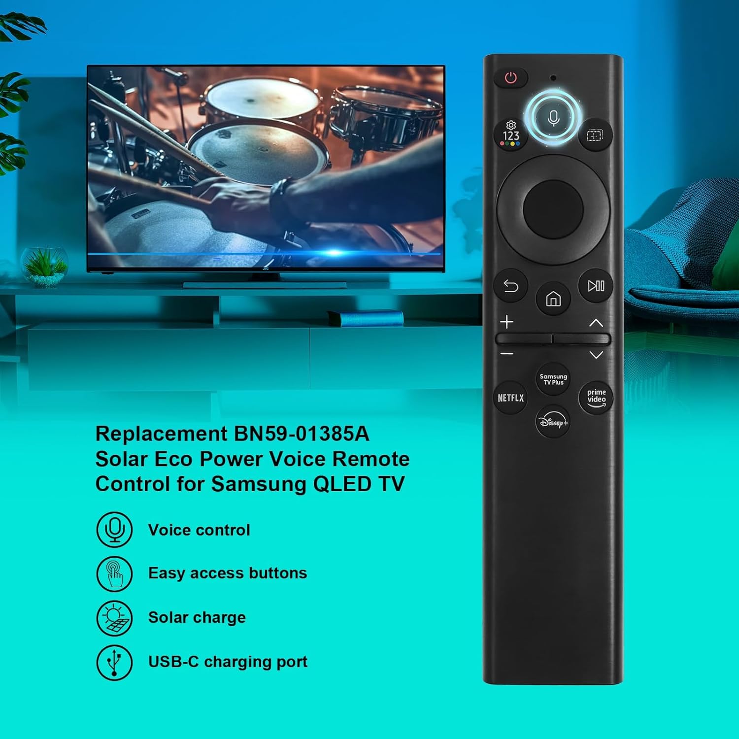 Thumbnail 2 de BN59-01385A Solar Frame TV Voice Remote Replacement for Samsung Smart TVs (Rechargeable Solar + USB-C)