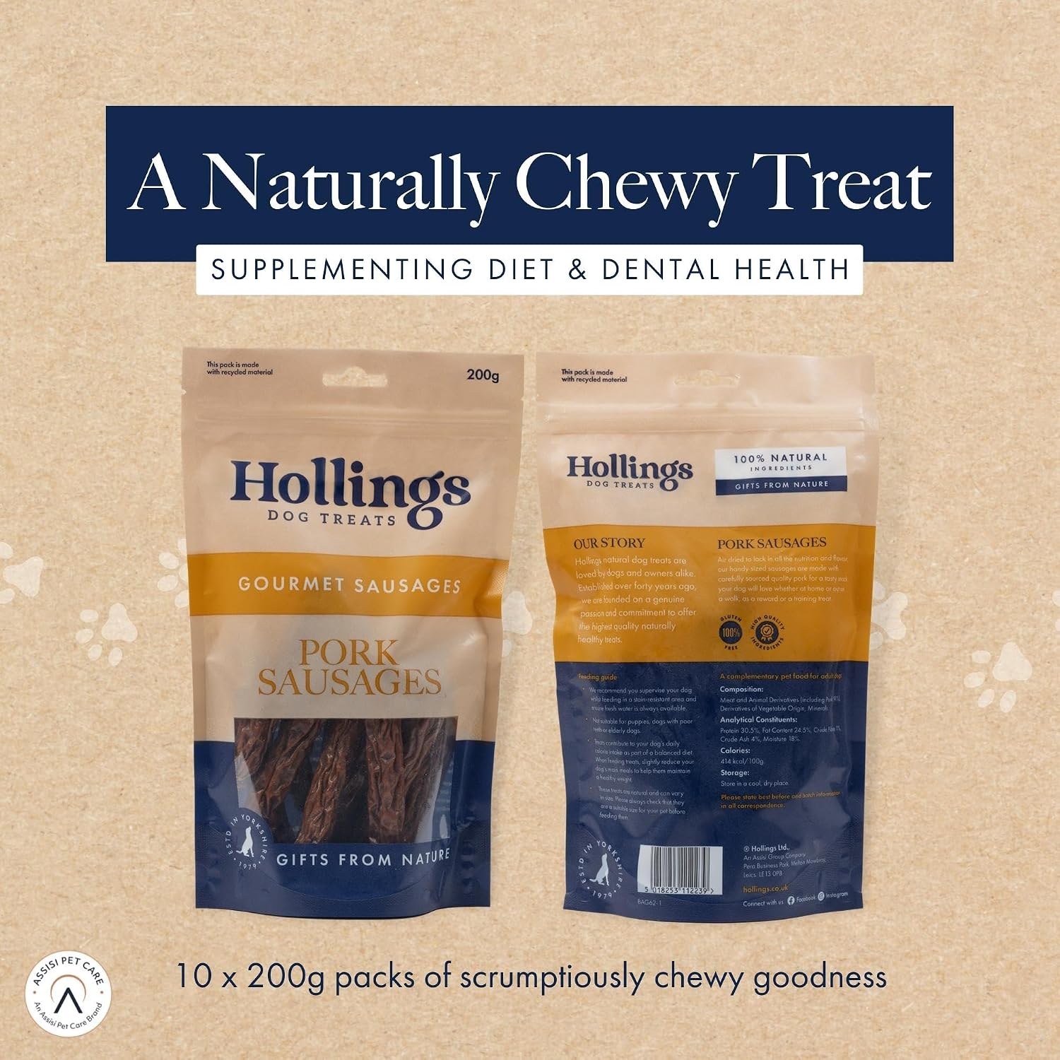 Detalle 2 de Hollings Pork Sausages Dog Treats – 200g (Pack of 10), 100% Natural, Gluten Free air-dried chews