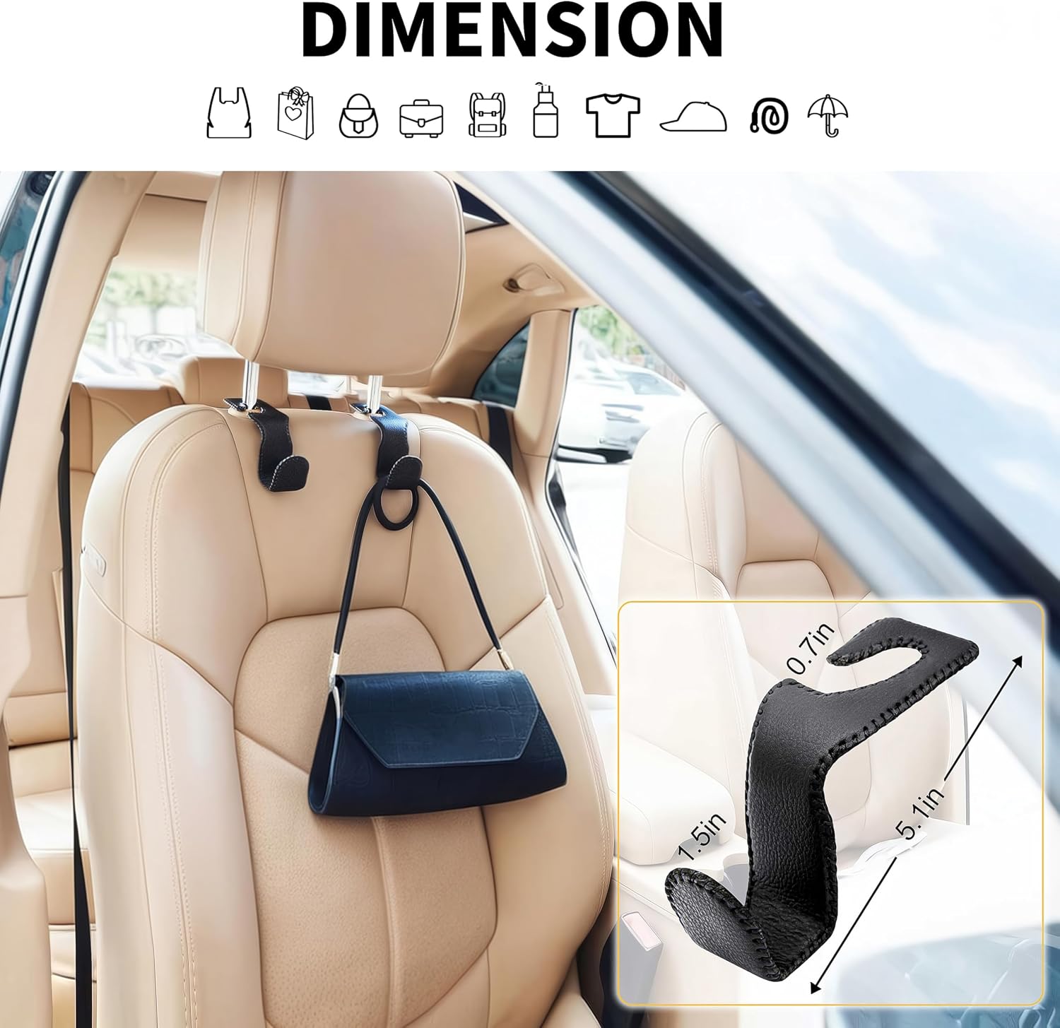 Detalle de EldHus Headrest Hooks for Purses and Bags (2 Pack) – Leather-Wrapped Metal Car Seat Hooks