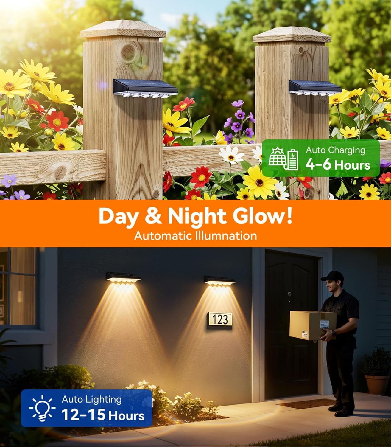 Detalle 2 de GEARLITE Solar Fence Lights 4-Pack with 5 Convex Lenses (9 Colours, 10 Modes)