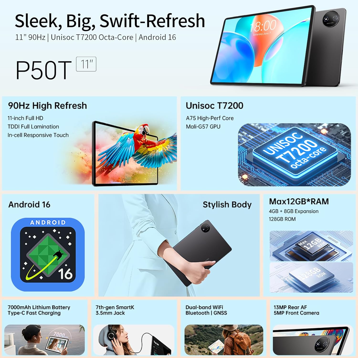 Thumbnail 1 de TECLAST P50T 11-inch Android 16 tablet with 90Hz IPS, 12GB RAM/128GB and 5G Wi‑Fi