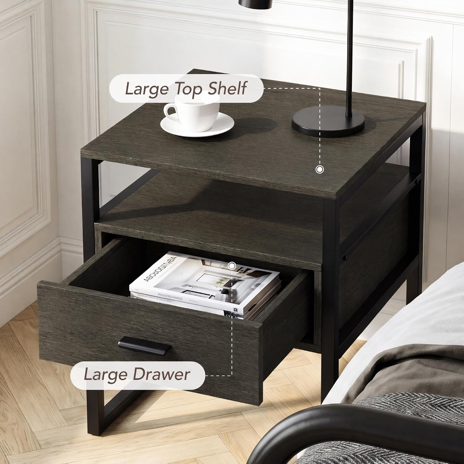 Detalle de KISLOT K-KJW.TNS003 Nightstand Set of 2 with Drawer, Open Shelf, Gray