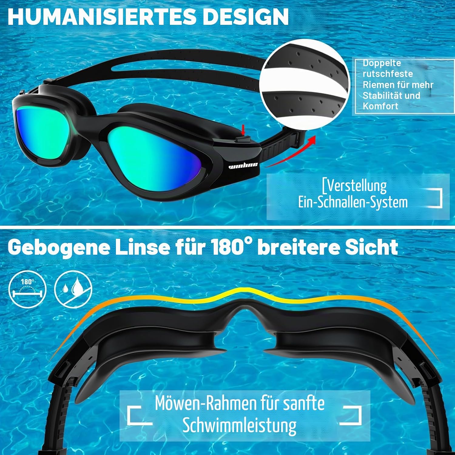 Detalle 2 de Winline Schwimmbrille – Erwachsenen- und Jugendmodell mit Anti-Beschlag, UV-Schutz und wasserdichter Passform