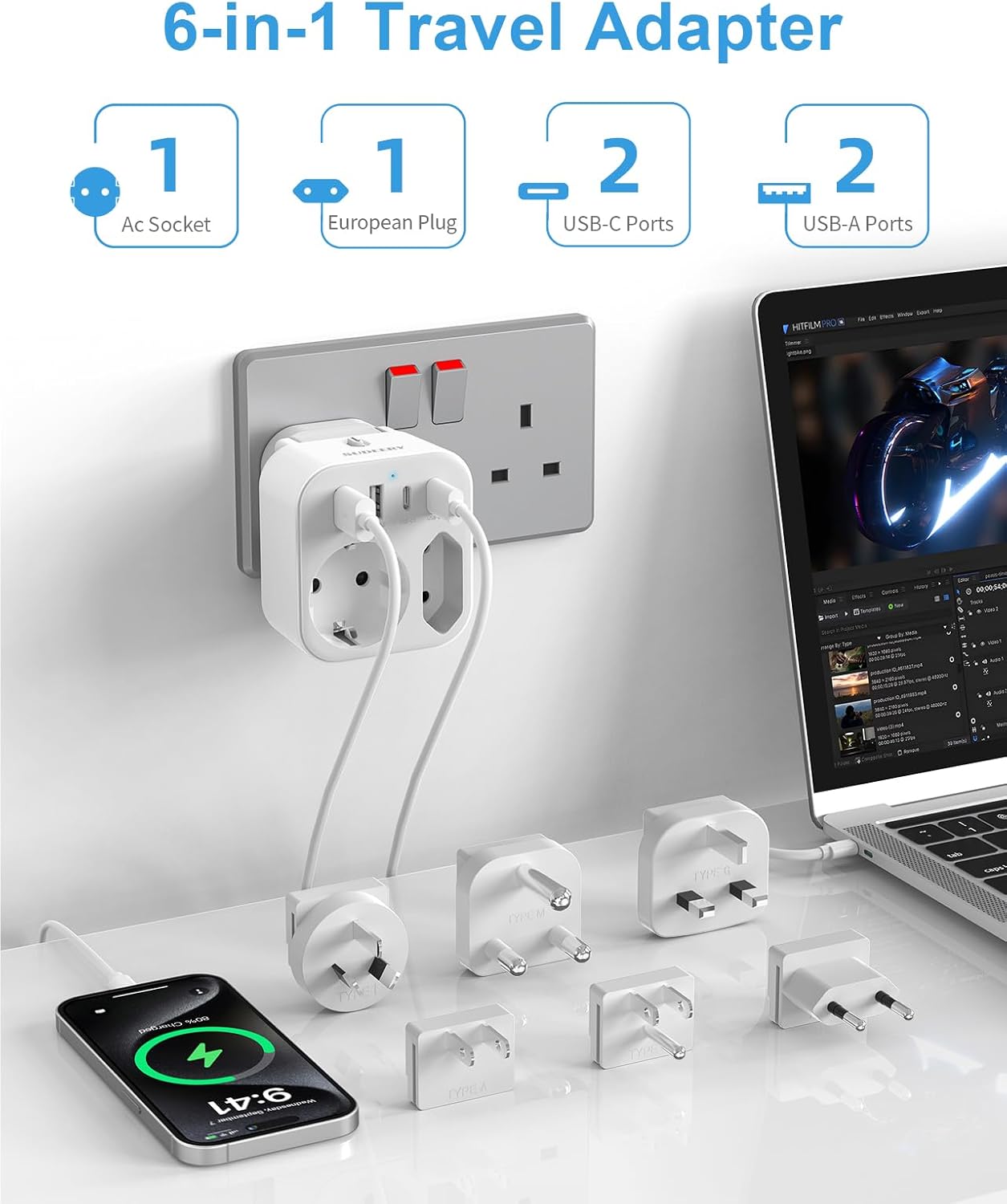 Detalle de Universal Reiseadapter 6‑in‑1 mit 2 USB‑A & 2 USB‑C 🌍