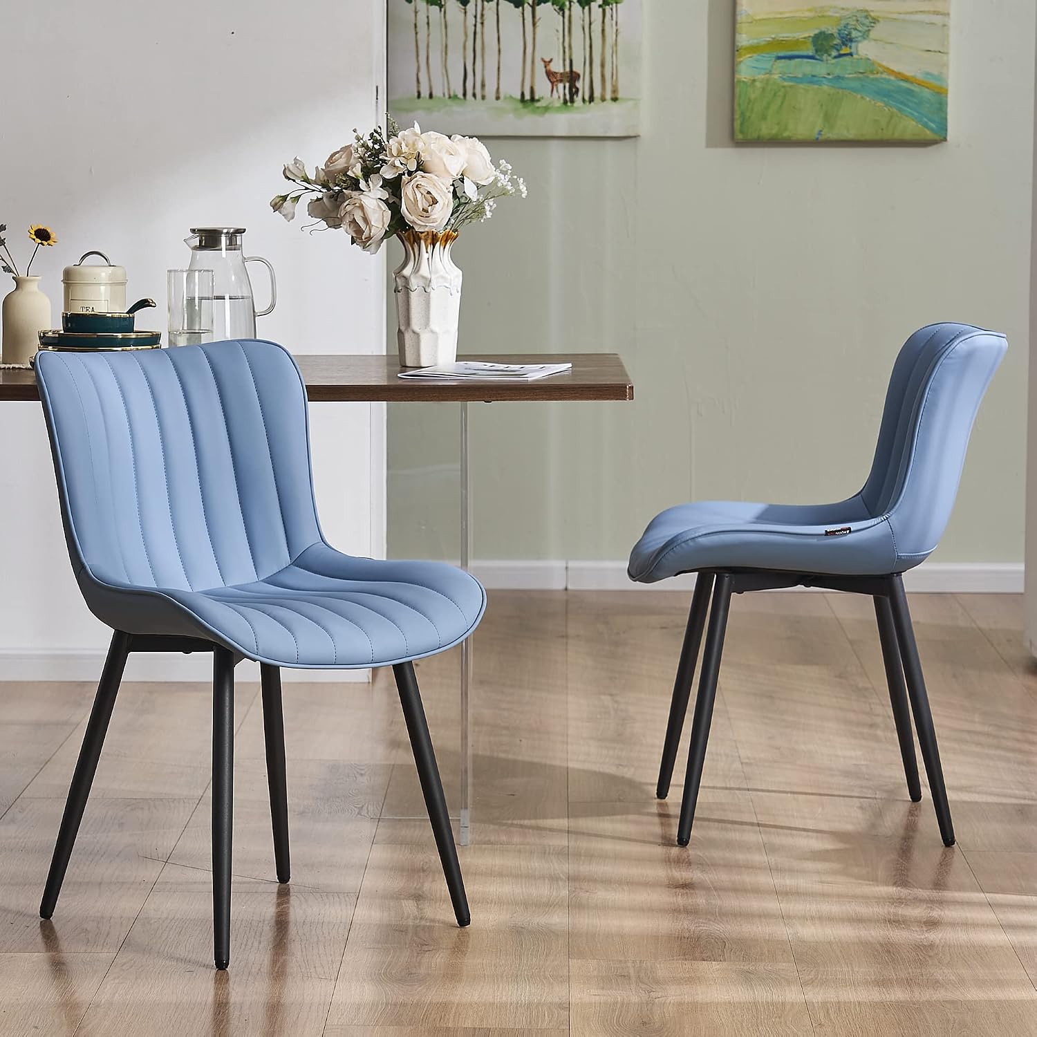 Detalle de Kidol & Shellder Dining Chairs Set of 2, Blue Faux Leather, Metal Frame