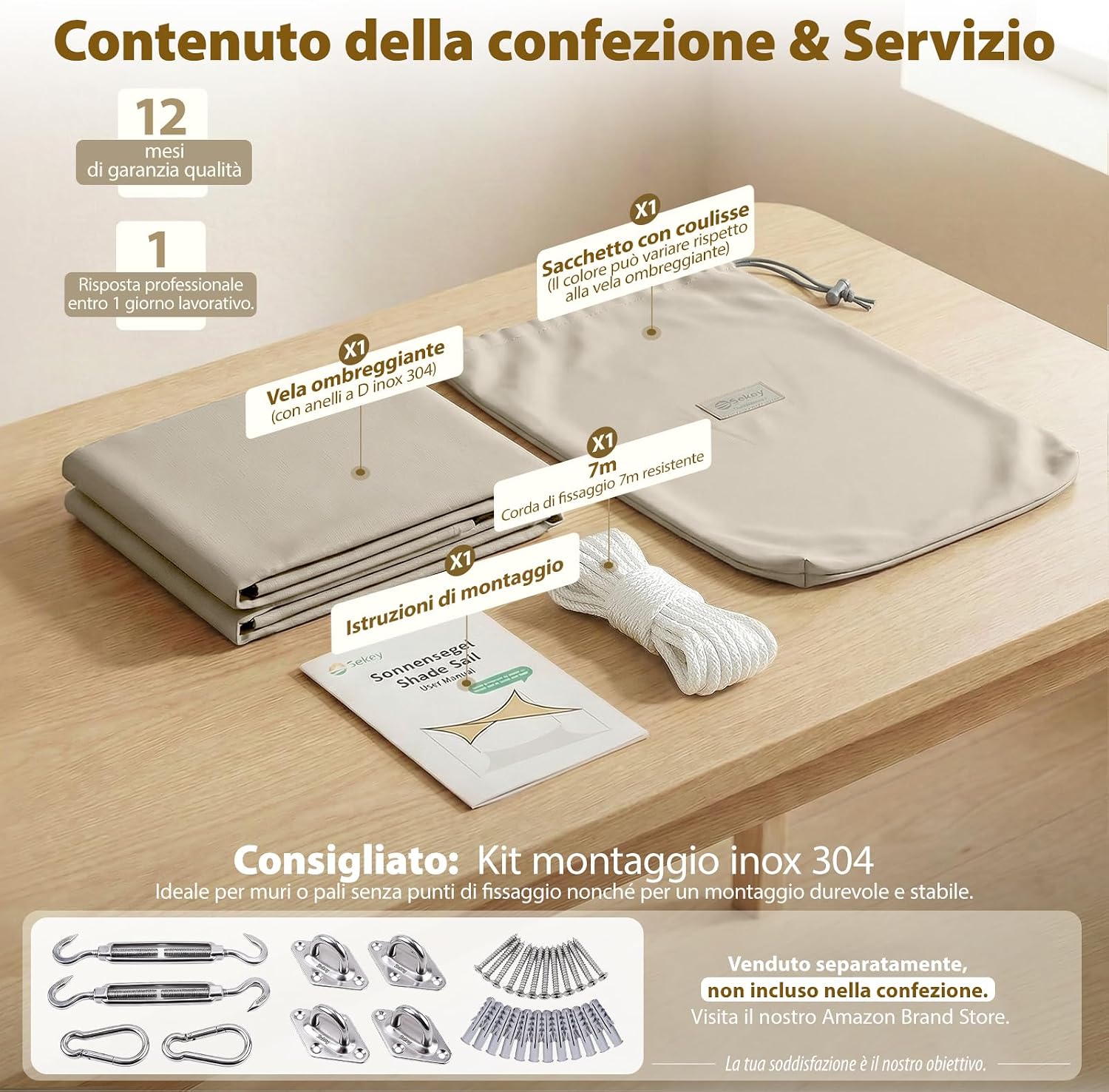 Detalle 2 de Sekey Vela Ombreggiante Impermeabile 2x3m senza cucitura, PES 160g/m², Anelli Inox, Effetto Lotus, Taupe