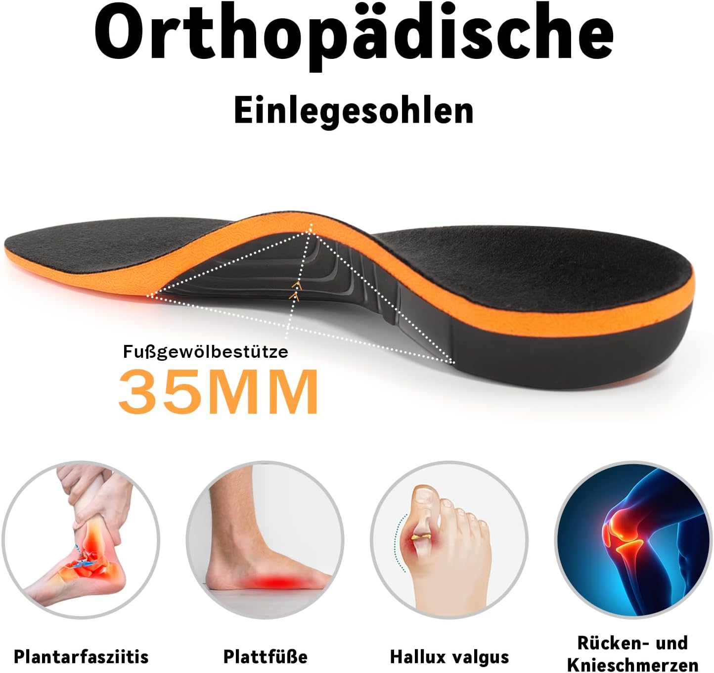 Detalle 2 de GemChve orthopädische Einlegesohlen (TPU) für Herren & Damen – Plantarfasziitis, Fersensporn & Plattfuß, Orange 45–47 EU