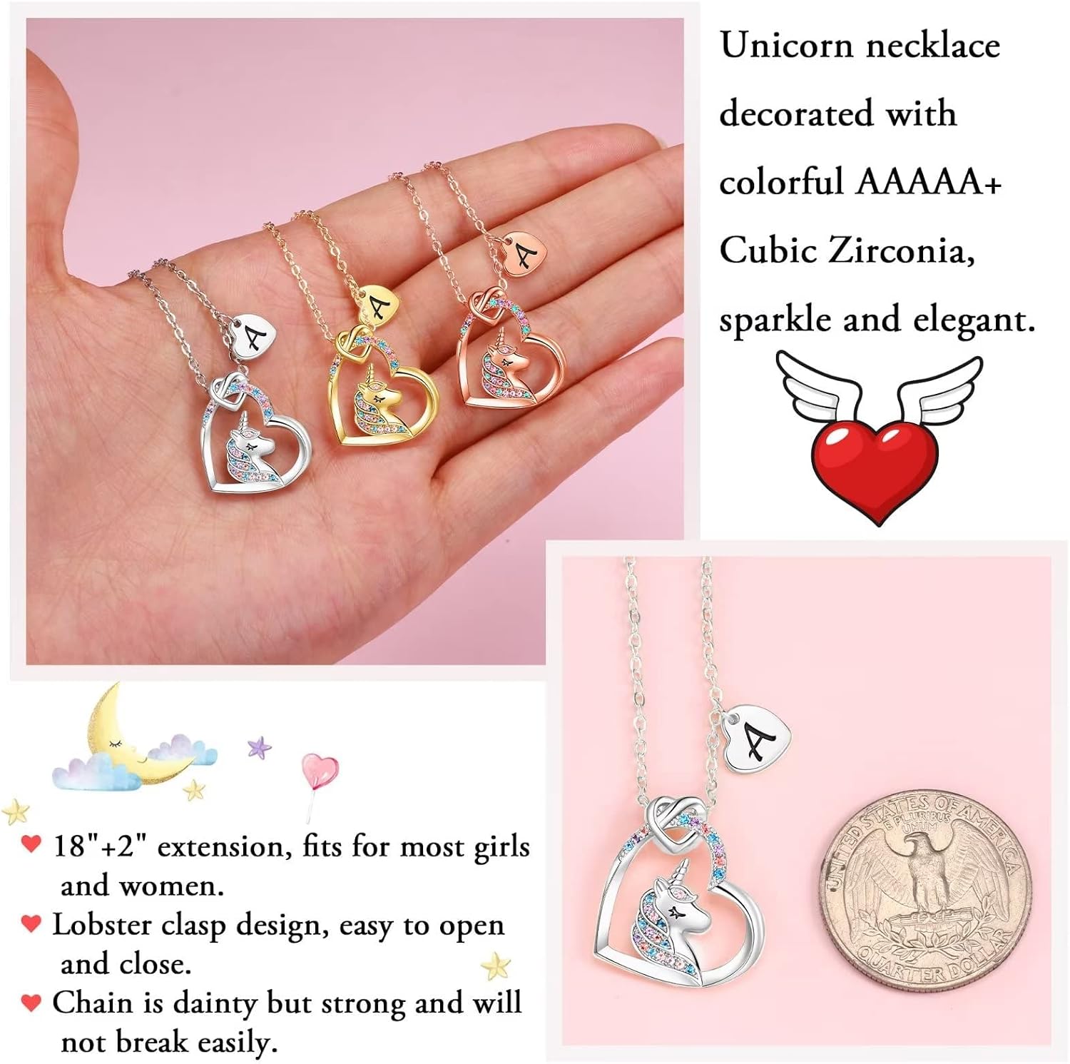Thumbnail 4 de TINGN Regali Unicorno per Ragazze — Collana con ciondolo a cuore e iniziali placcate oro 14K