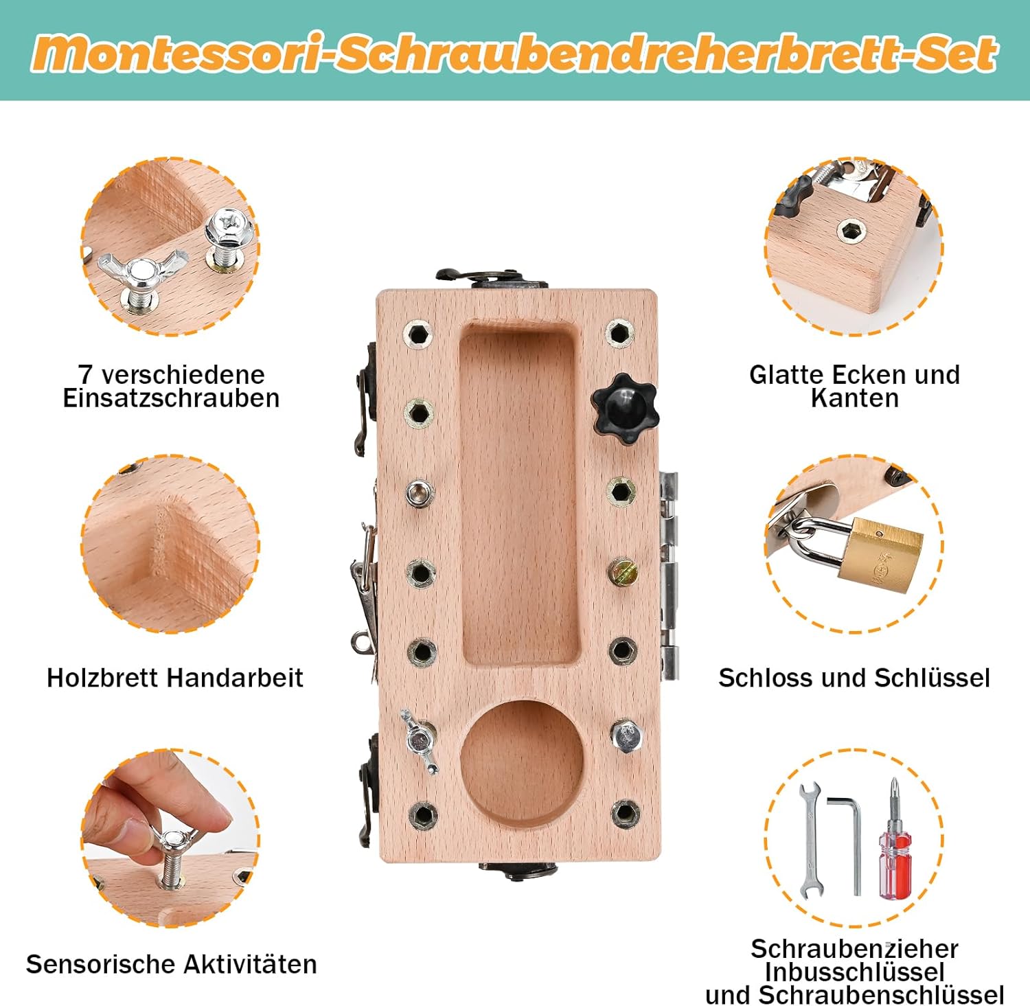 Detalle de Wooderma Montessori Schraubbrett aus Holz – Lernspielzeug ab 3–5 Jahre