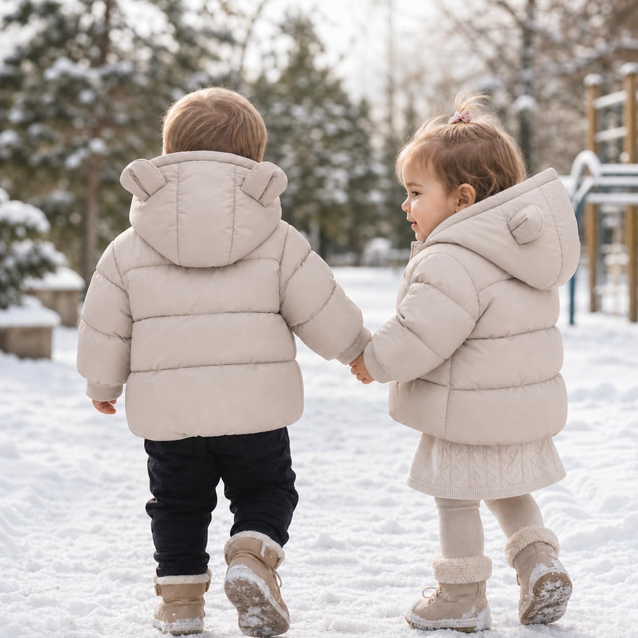 Detalle de JiAmy winterjas voor kinderen met berenoortjes, fleecevoering en ritssluiting