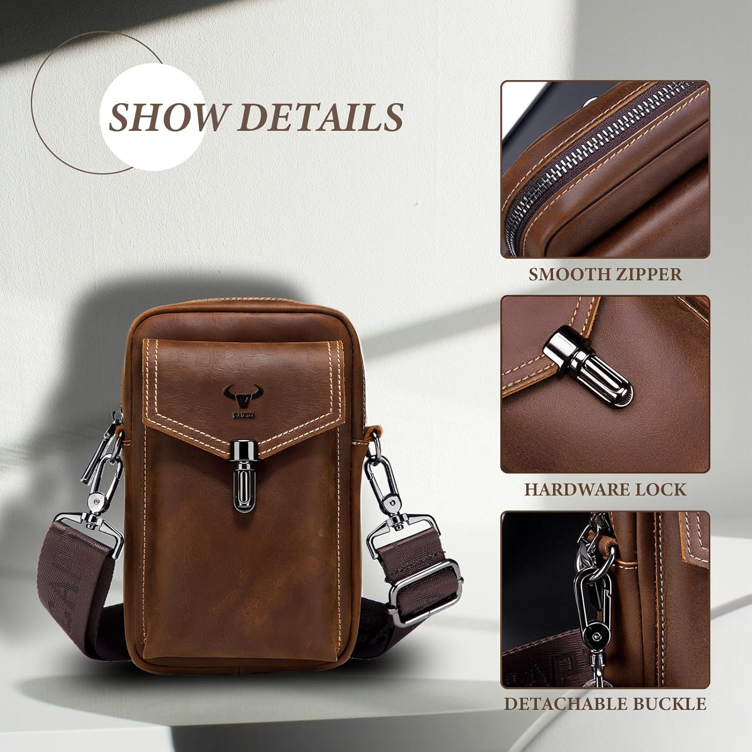 Thumbnail 4 de BAIGIO Sac banane randonnée en cuir pour homme – sacoche ceinture avec passant et poche téléphone